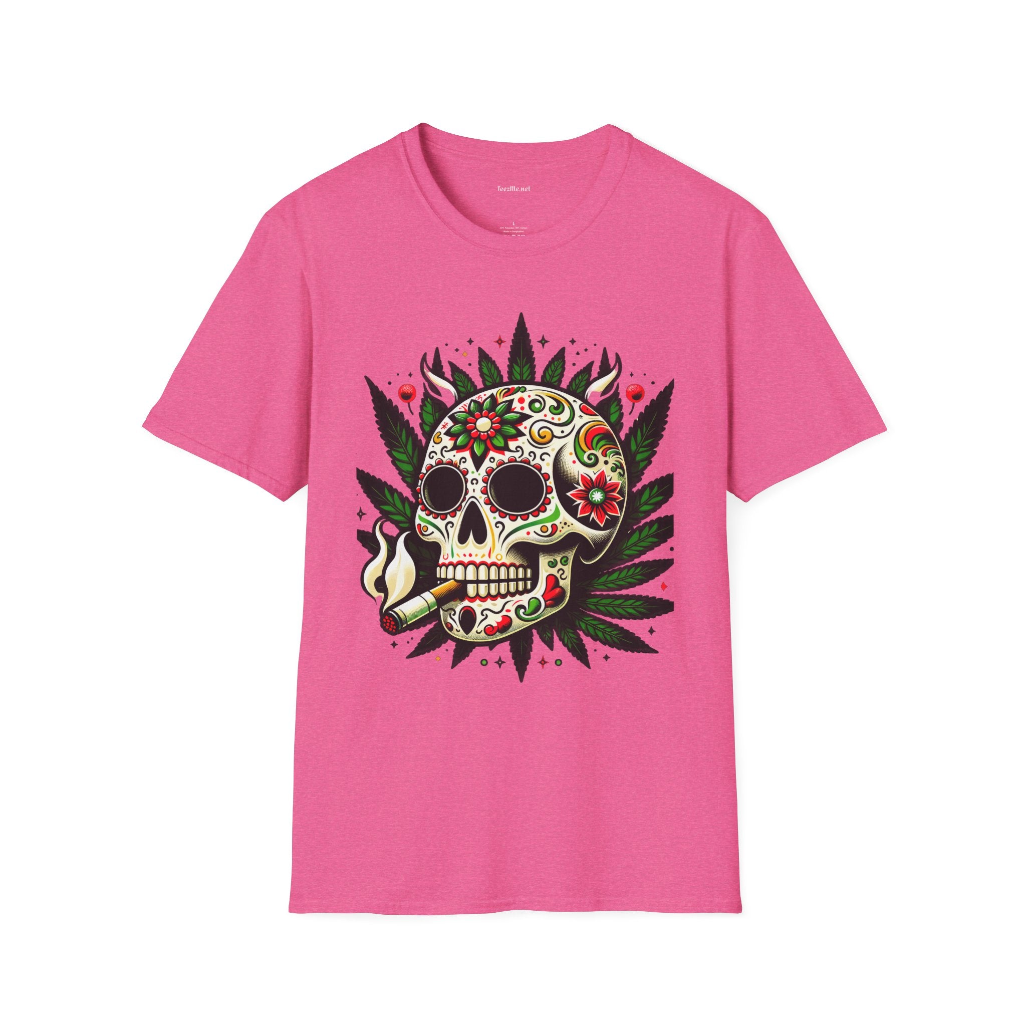 Sugar Skull Smoking Weed Unisex Softstyle T-Shirt 100% Cotton Graphic
