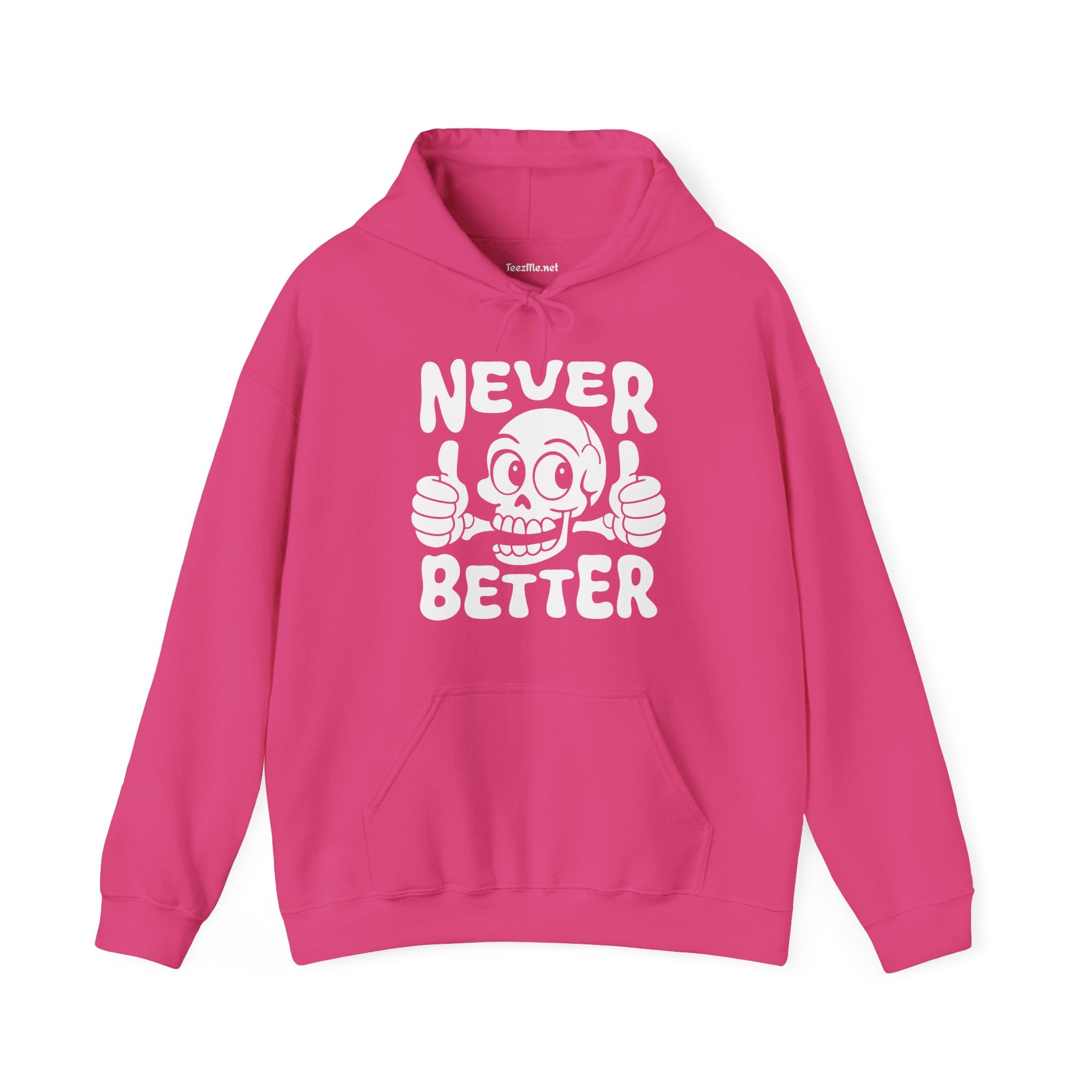 Never Better Skull Hoodie — Retro Thumbs-Up Graphic Pullover