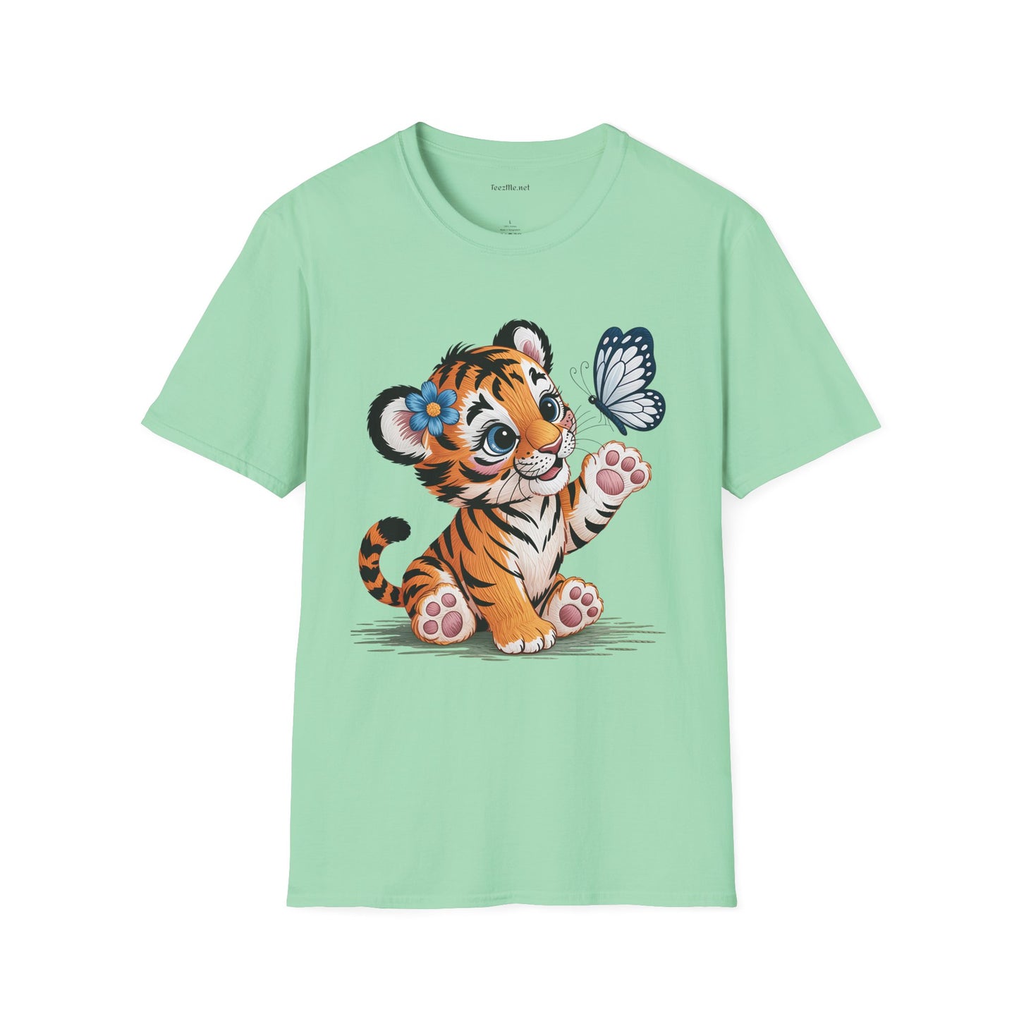 Cute Tiger Cub with Butterfly Unisex Softstyle T-Shirt 100% Cotton Graphic