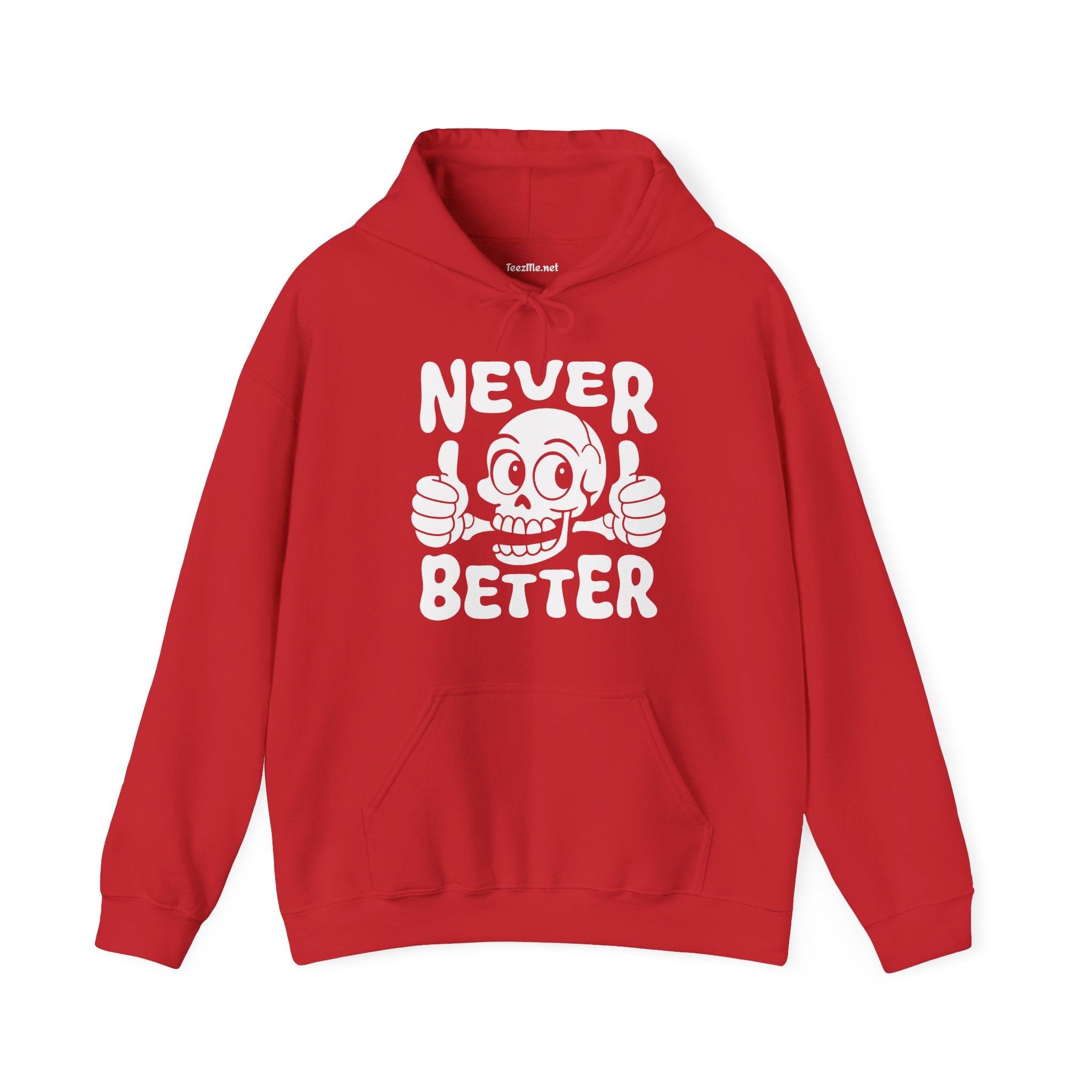 Never Better Skull Hoodie — Retro Thumbs-Up Graphic Pullover
