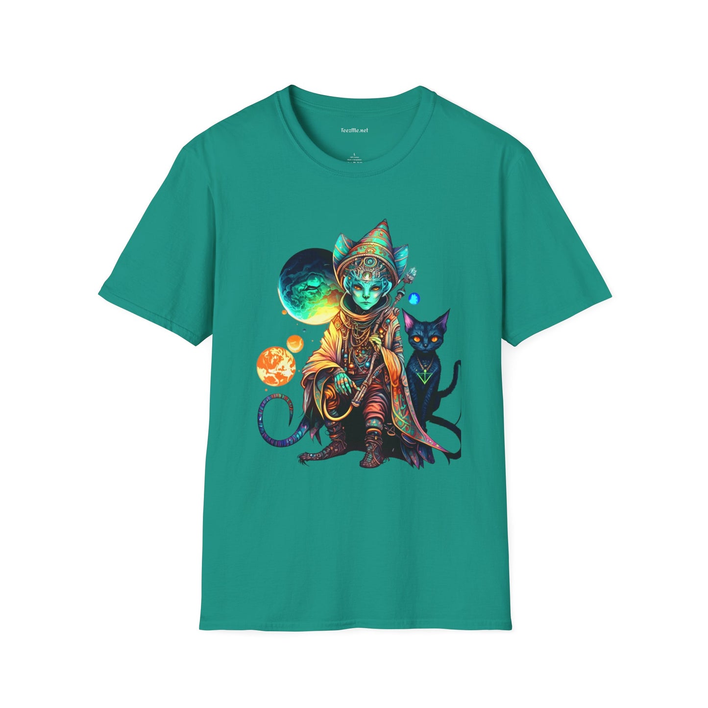 Alien Wizard with Cat Unisex Softstyle T-Shirt 100% Cotton Graphic