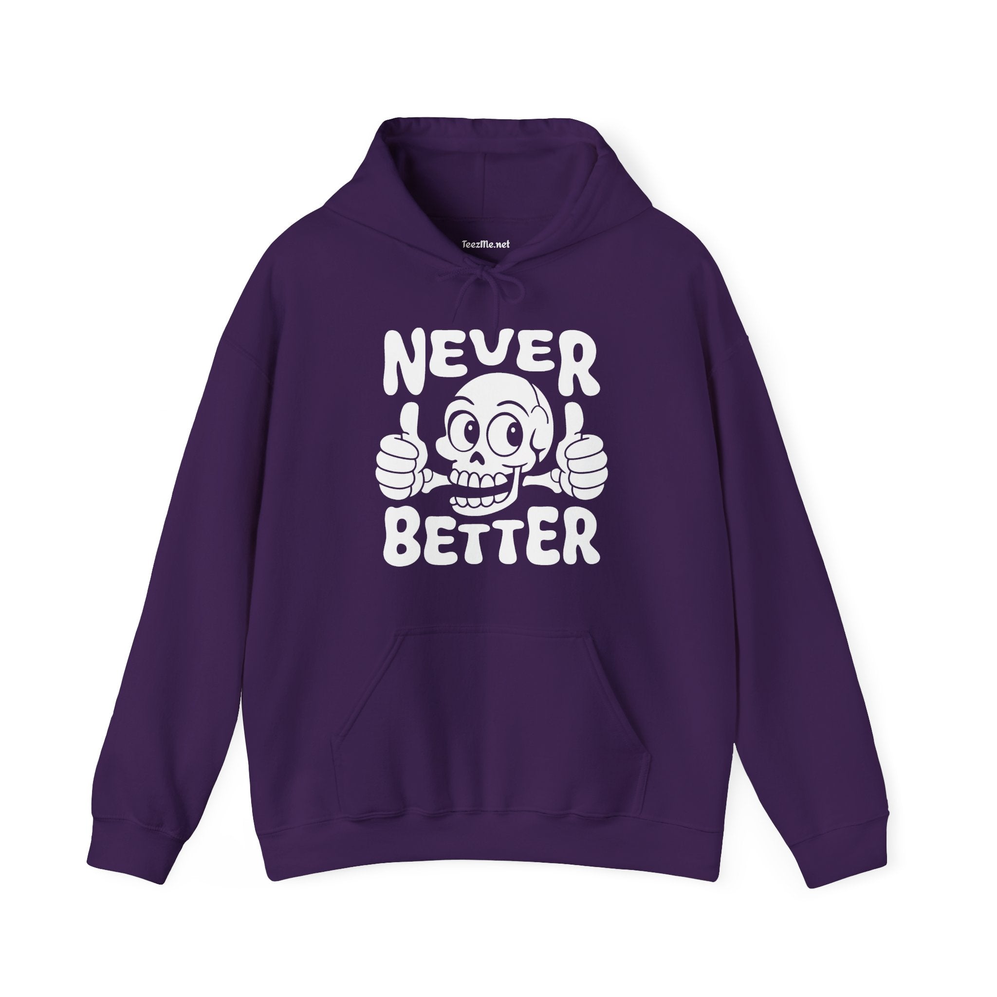 Never Better Skull Hoodie — Retro Thumbs-Up Graphic Pullover