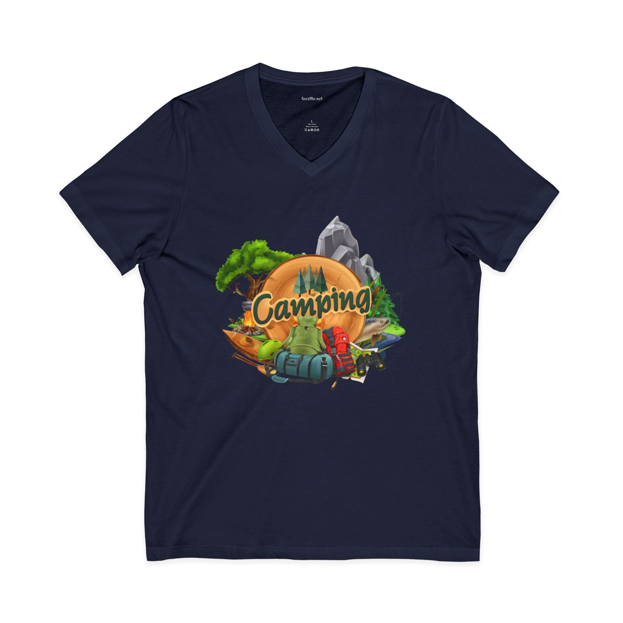 Camping Graphic V-Neck Tee — Outdoor Adventure Tent & Campfire Shirt