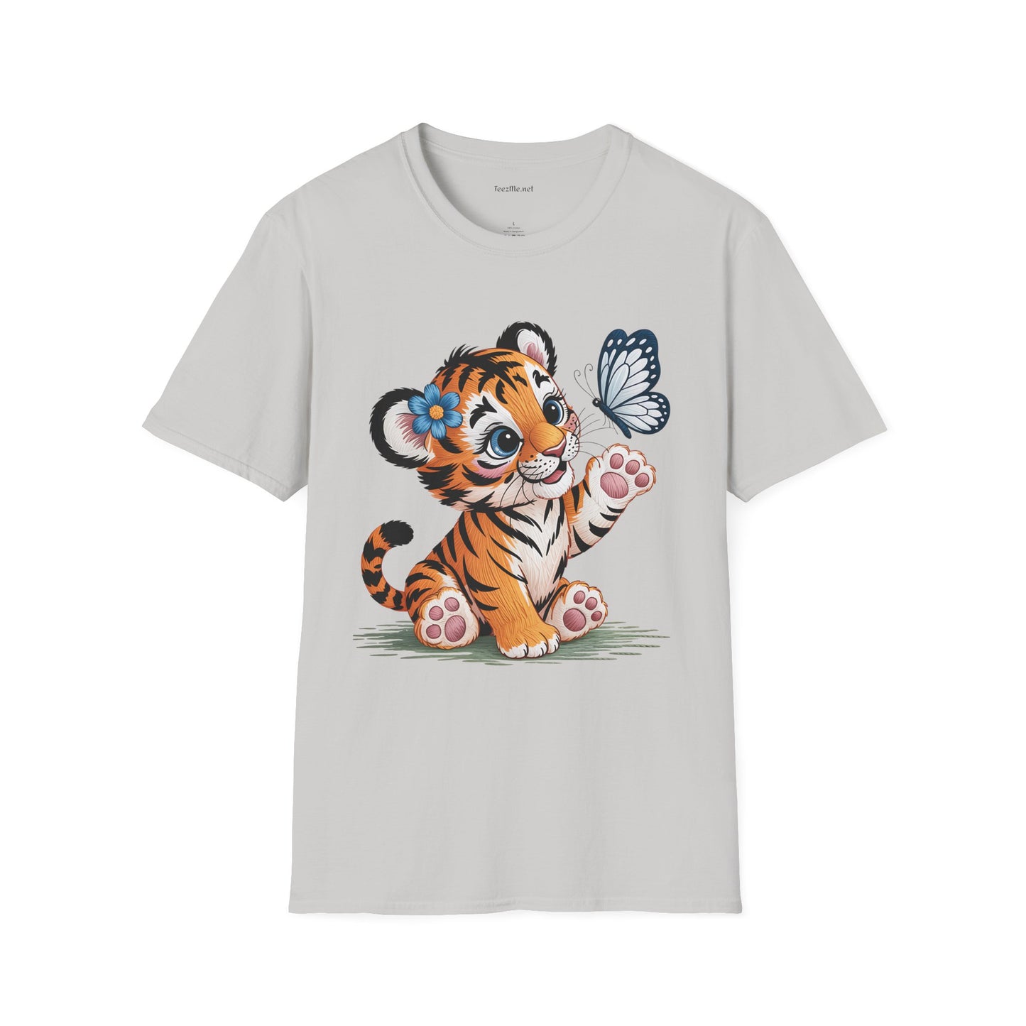 Cute Tiger Cub with Butterfly Unisex Softstyle T-Shirt 100% Cotton Graphic