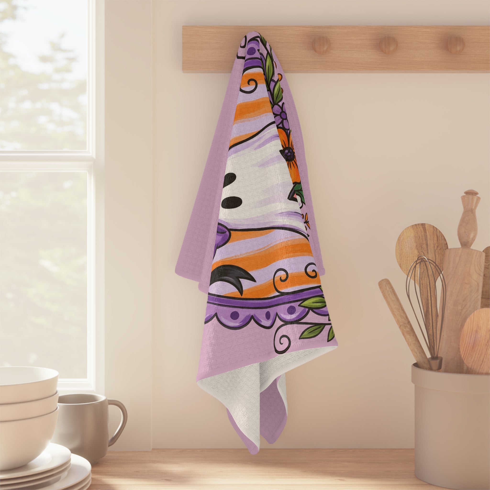 Halloween Ghost & Black Cat Tea Towel — Cute Violet Spooky Kitchen Towel