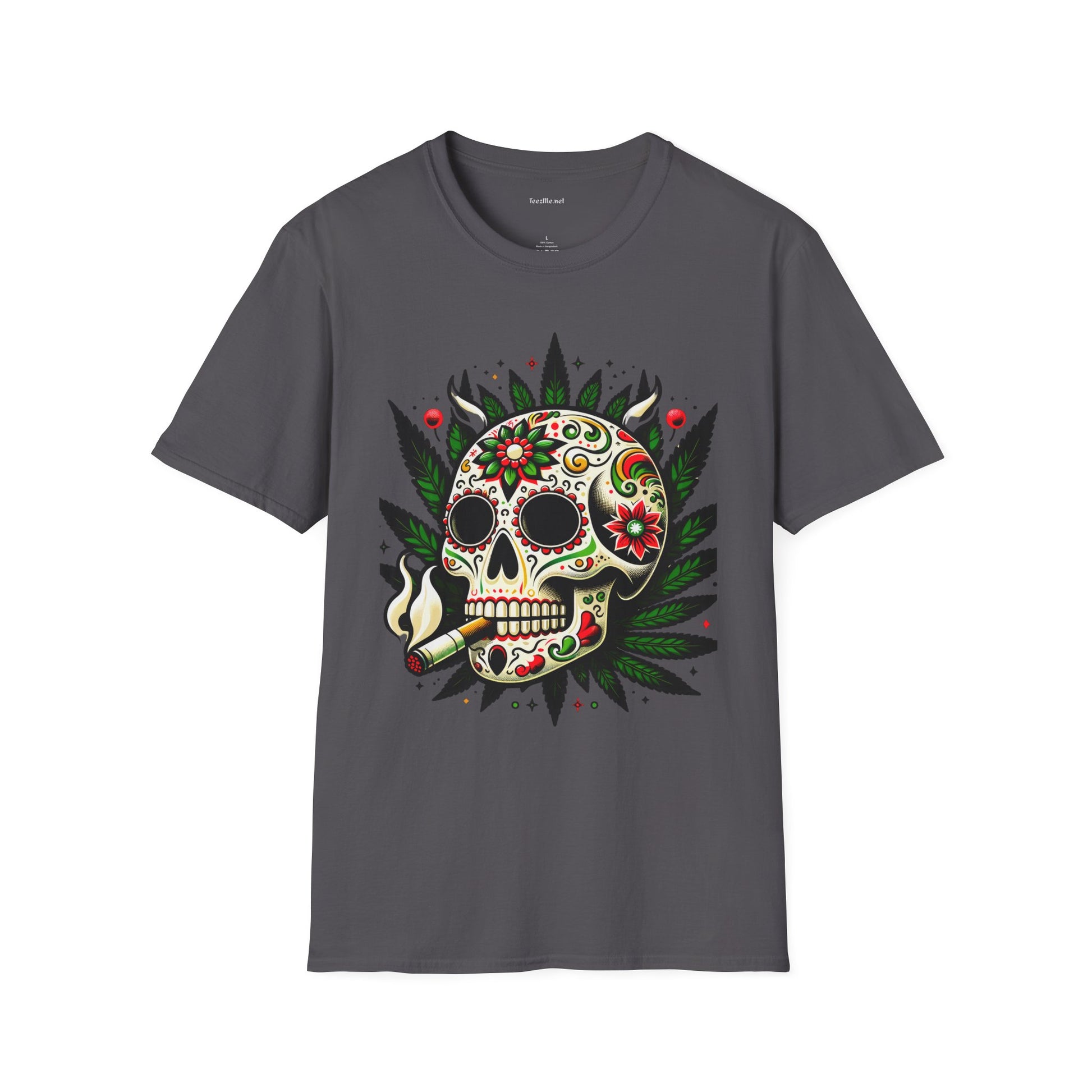 Sugar Skull Smoking Weed Unisex Softstyle T-Shirt 100% Cotton Graphic