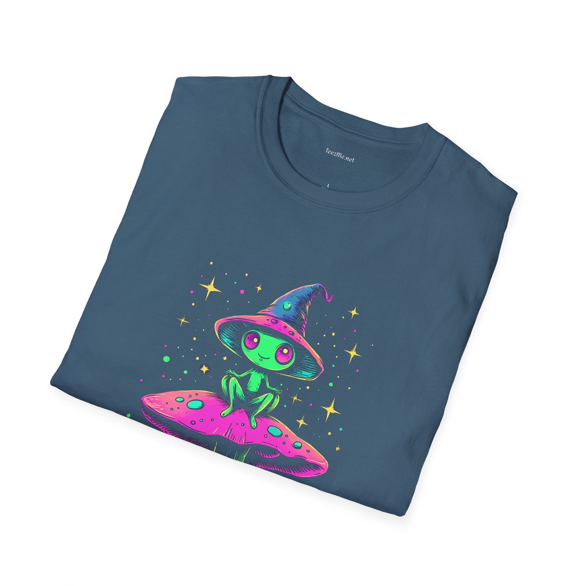 Alien sitting on mushroom - Unisex Softstyle T-Shirt 100% Cotton Graphic