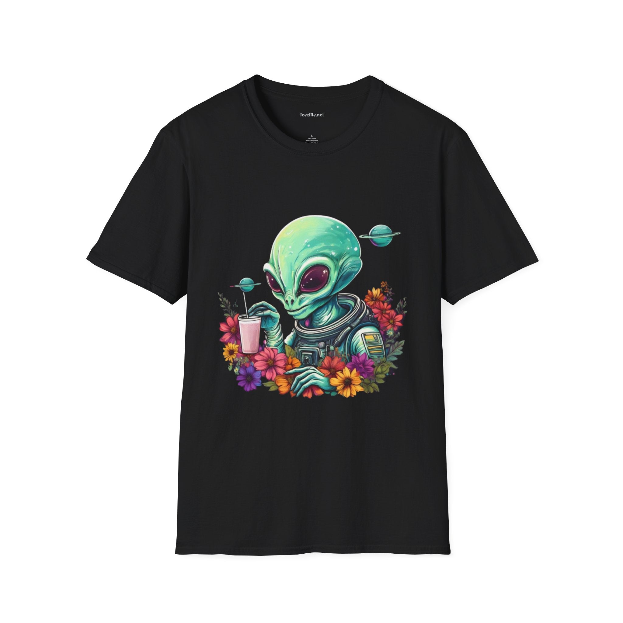 Alien Drinking in Space Unisex Softstyle T-Shirt 100% Cotton Graphic