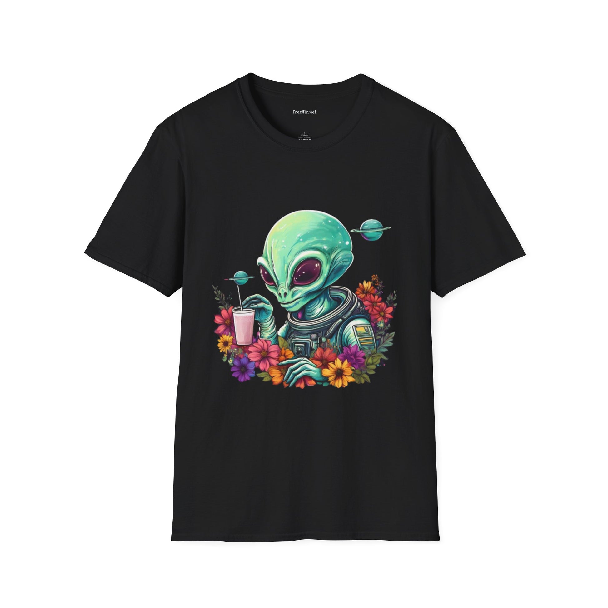 Alien Drinking in Space Unisex Softstyle T-Shirt 100% Cotton Graphic