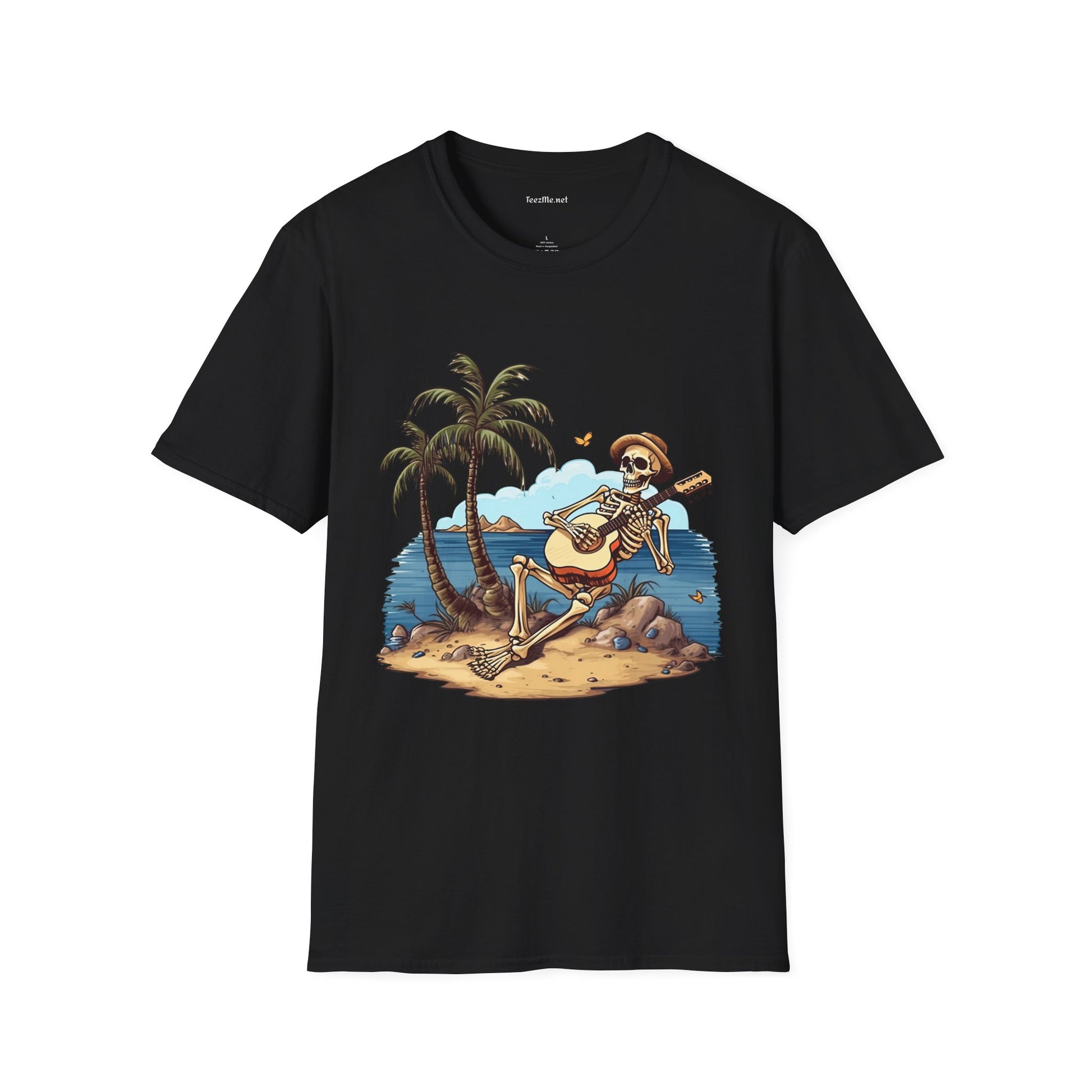 Skeleton with Guitar under palm tree - Unisex Softstyle T-Shirt 100% Cotton Graphic