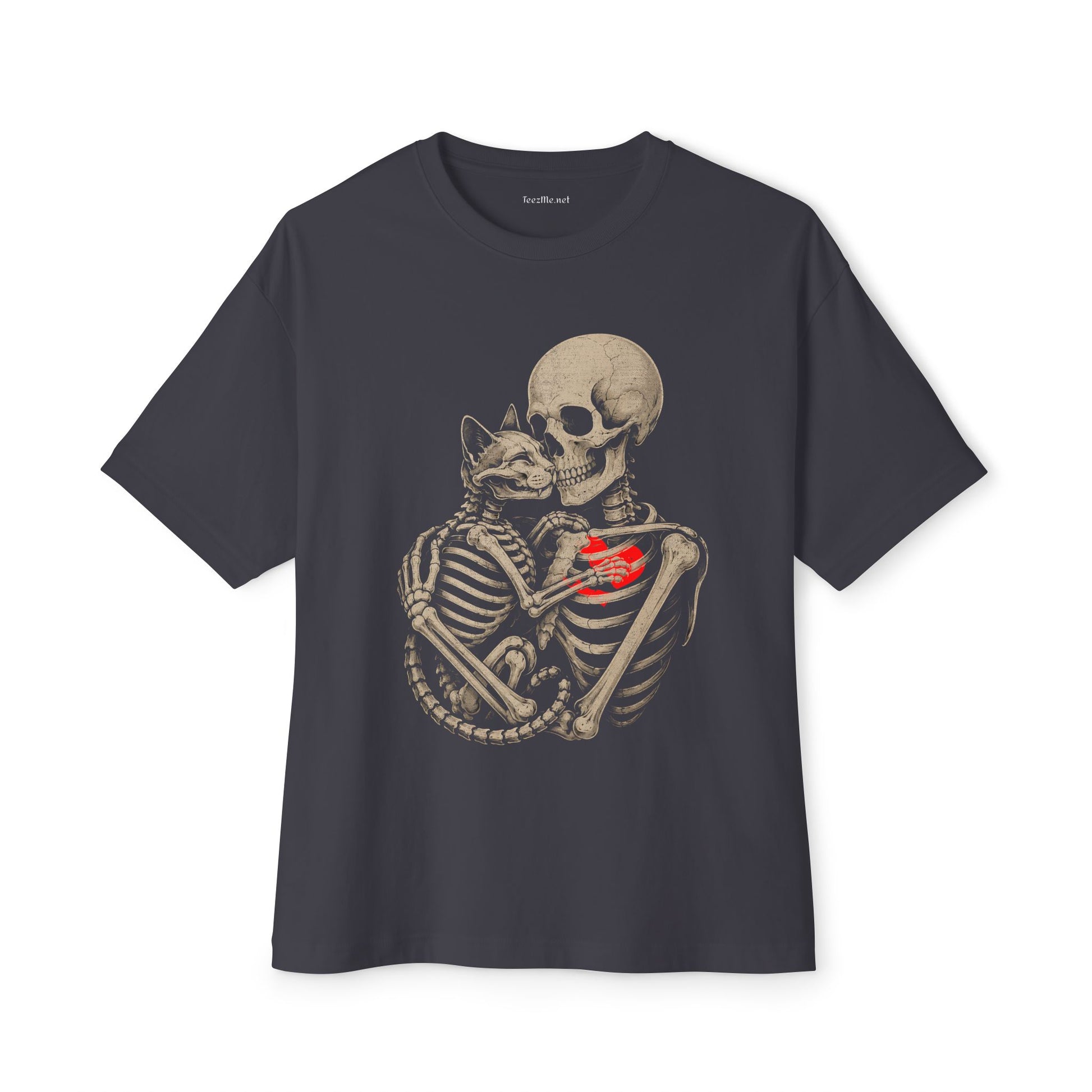 Skeleton Embrace Tee — Skeleton Hugging Cat with Red Heart Graphic