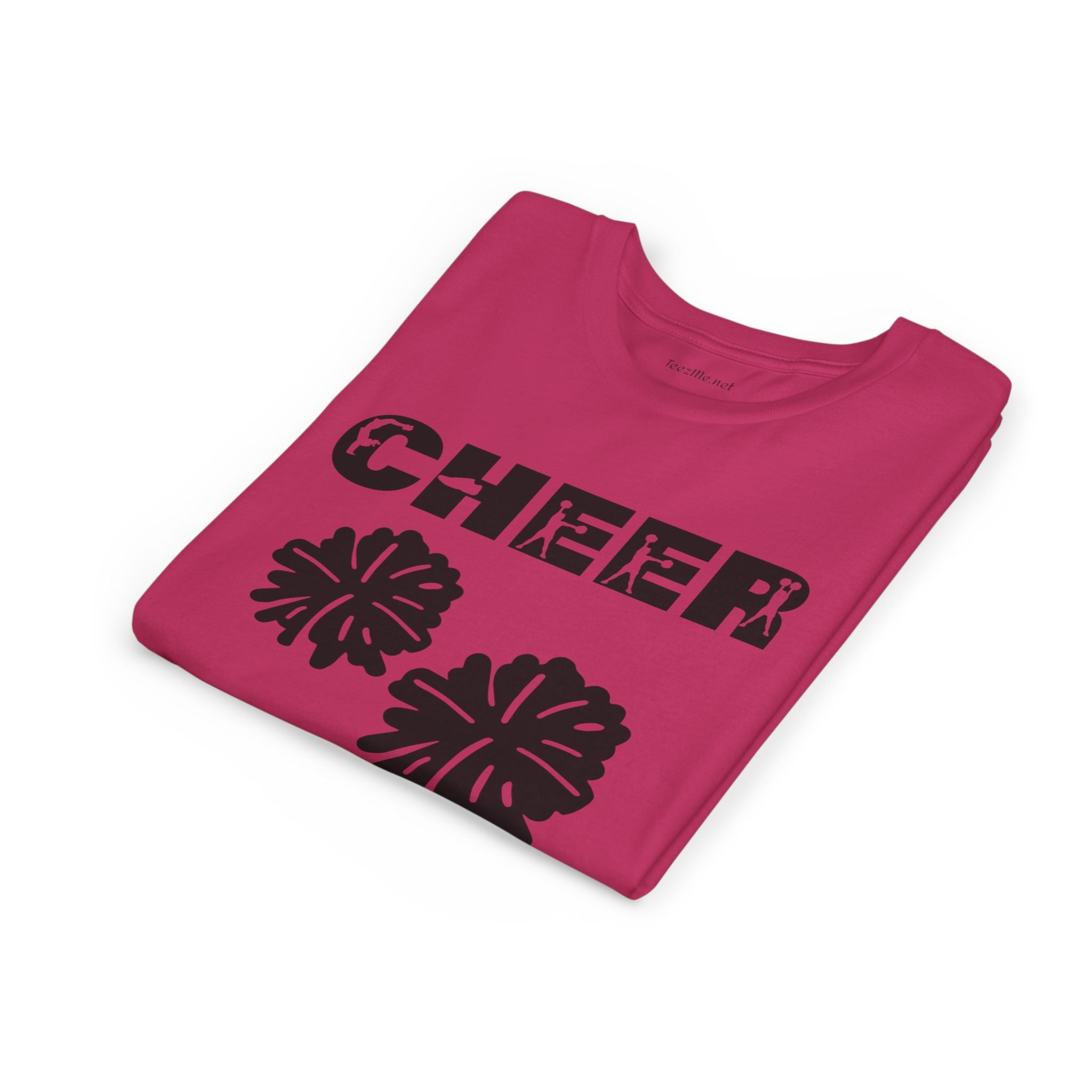 Youth Cheer T‑Shirt – 'CHEER' Graphic with Pom Poms | Kid Cheerleader Tee for Practice & Games