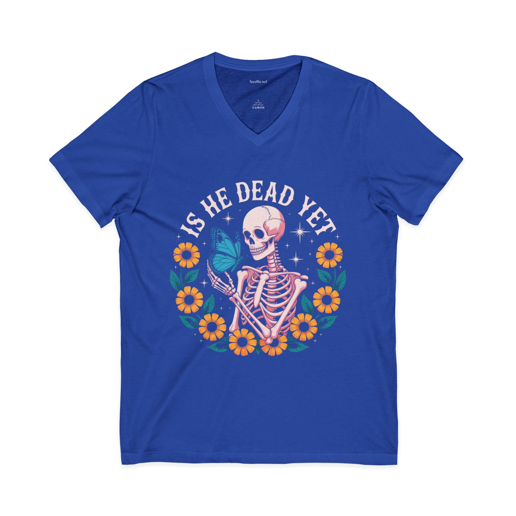 Is He Dead Yet? Skeleton Butterfly V-Neck Tee