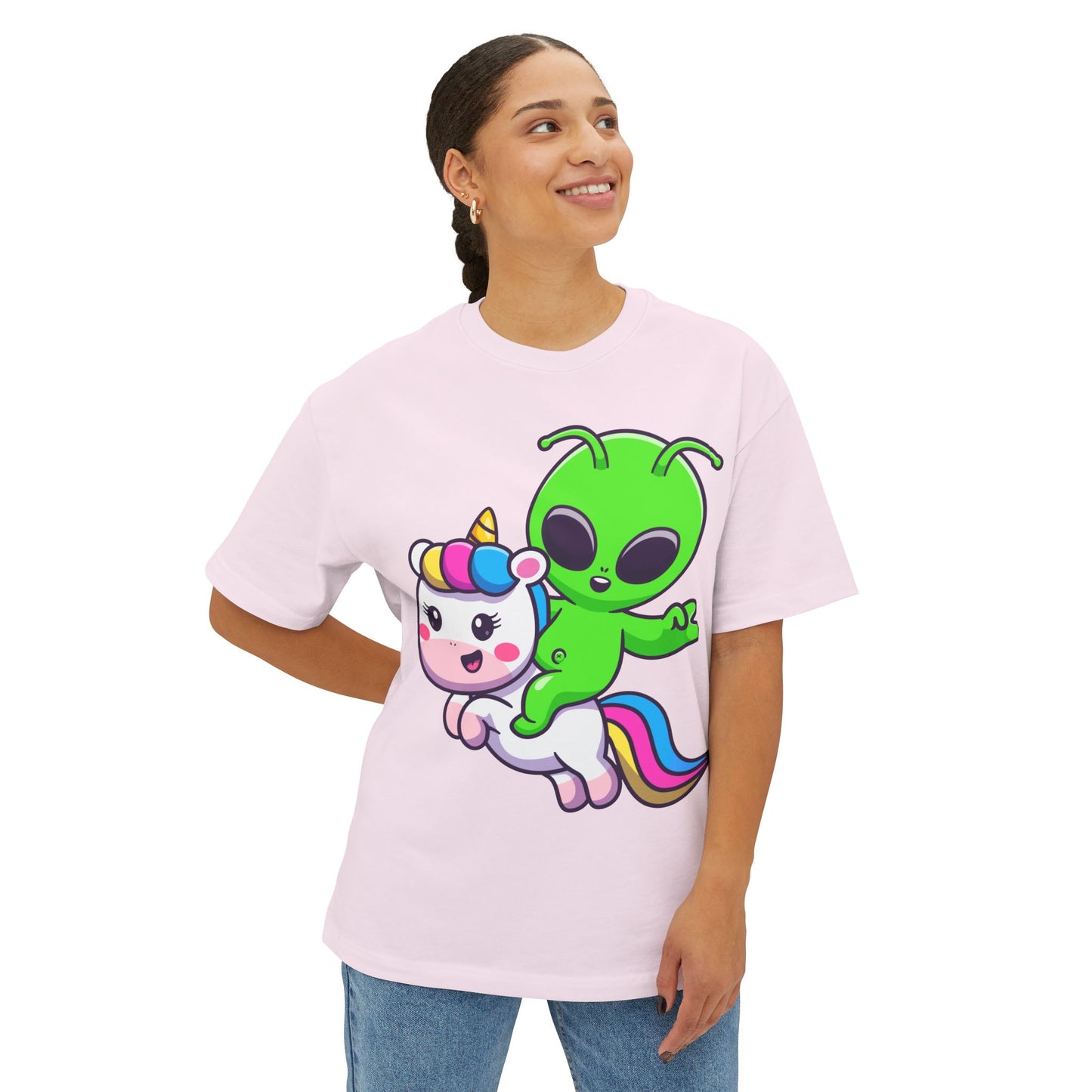 Cute Alien Riding a Unicorn Unisex Oversized Boxy Tee