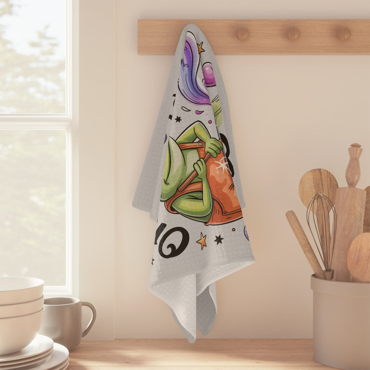 Tea Towel — "On My Way to Stir the Pot" Cute Frog Kitchen Towel