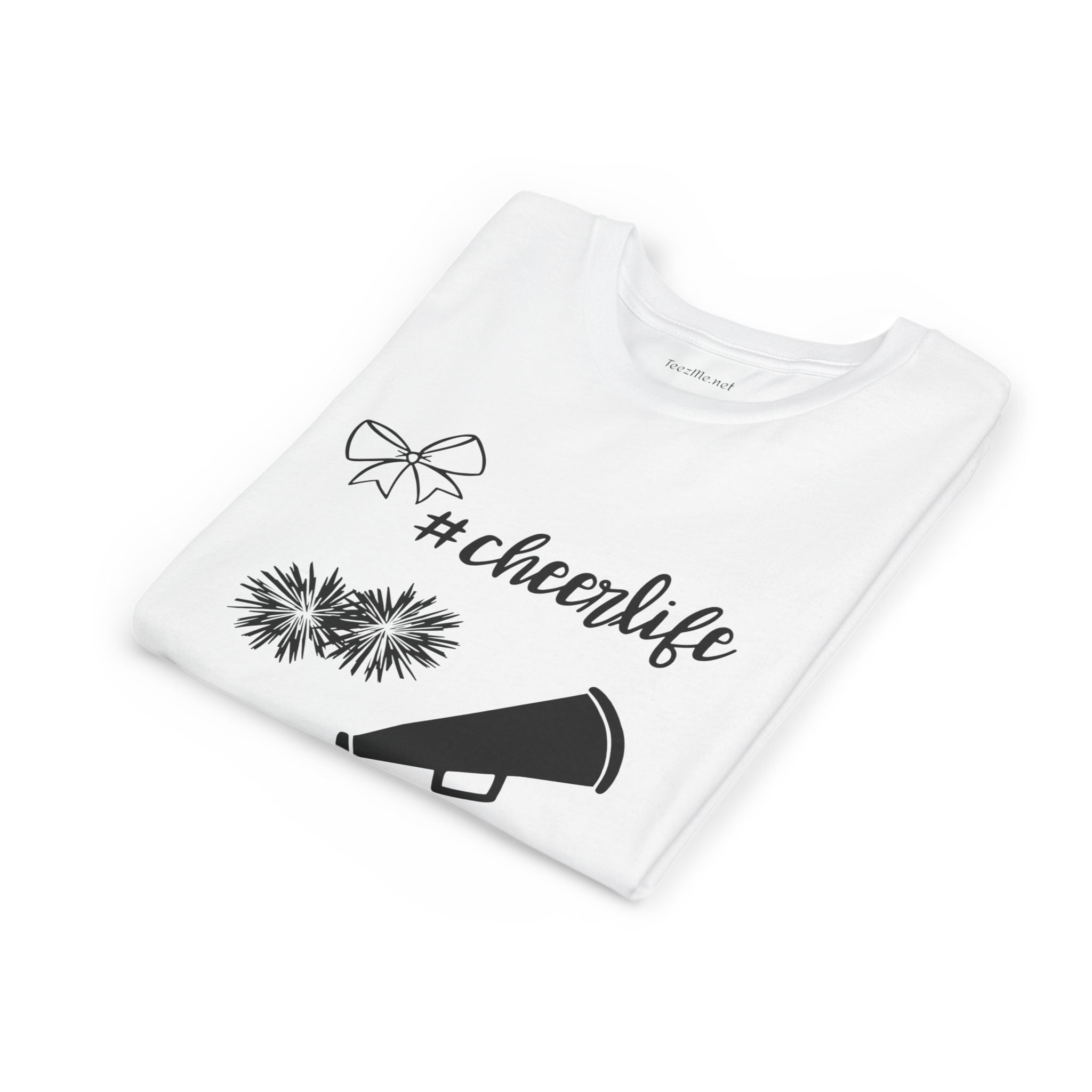 Youth Cheer Tee – "#cheerlife" Megaphone, Pom-Poms & Bow Graphic