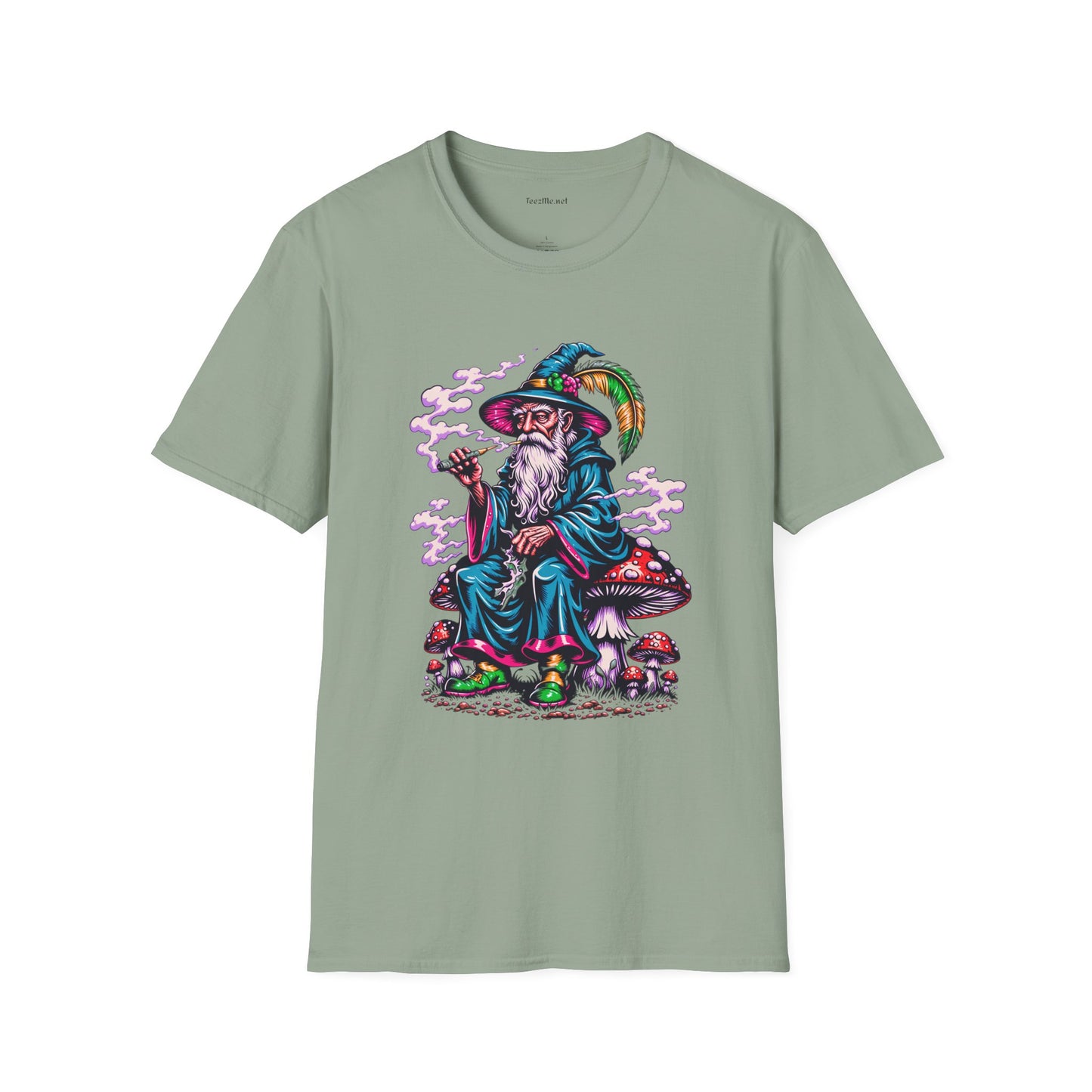 Psychedelic Smoking Wizard on Mushrooms Fantasy Unisex Softstyle T-Shirt 100% Cotton Graphic