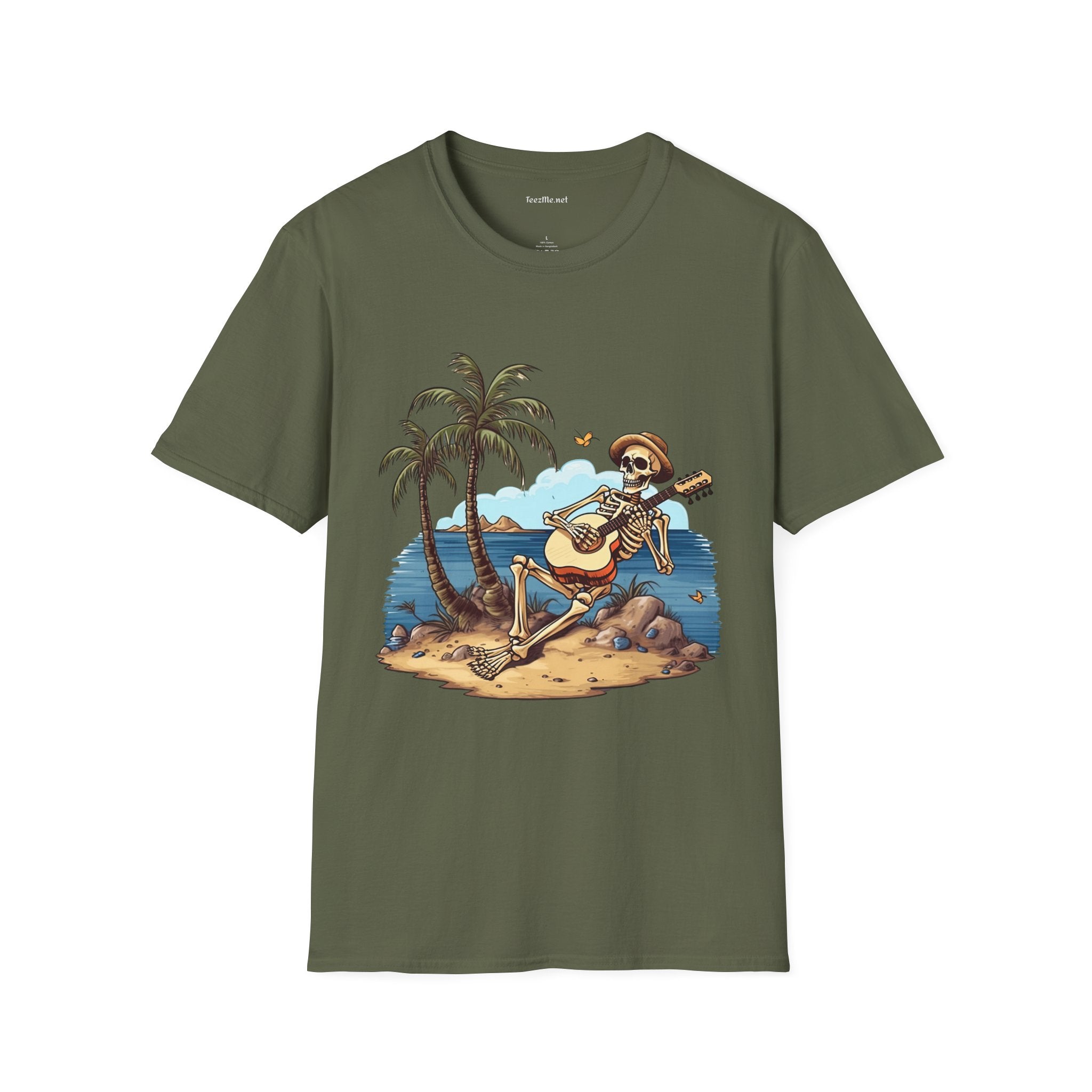 Skeleton with Guitar under palm tree - Unisex Softstyle T-Shirt 100% Cotton Graphic