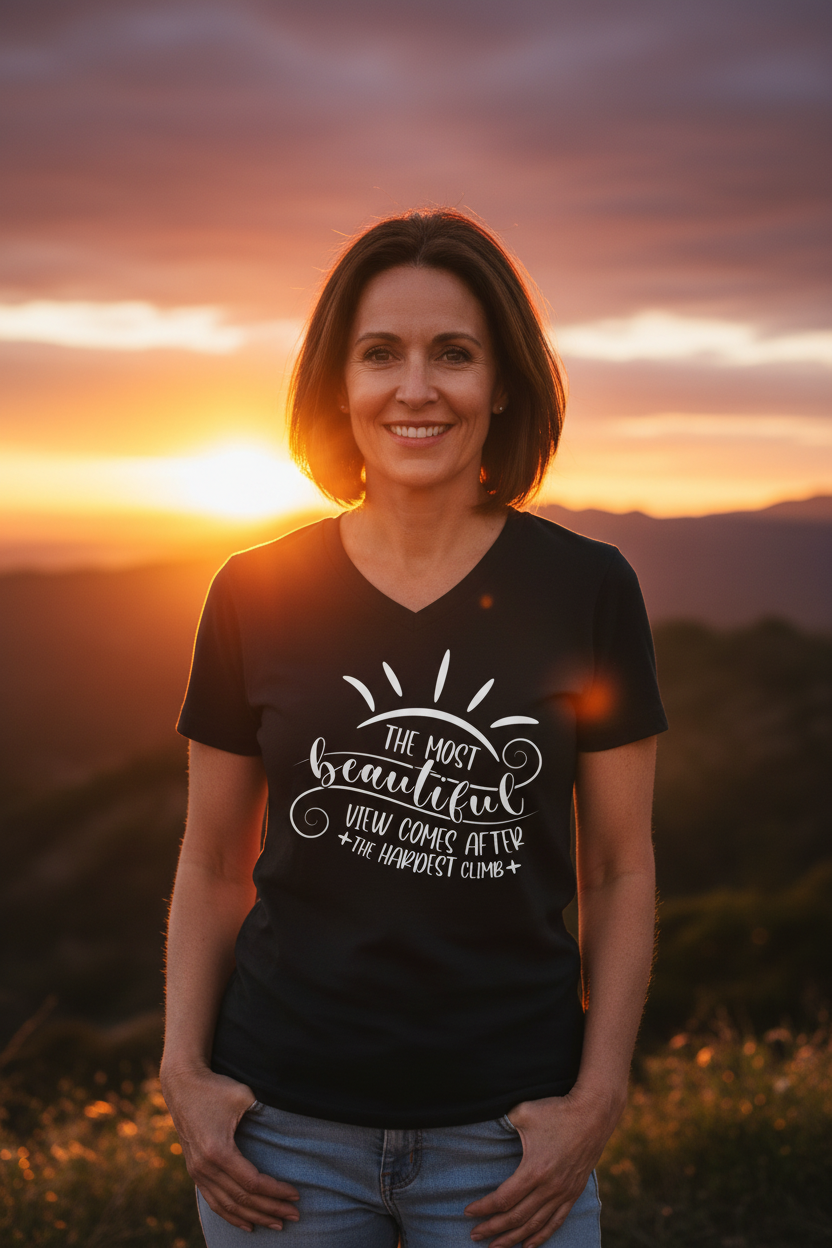 The most beautiful view comes after the hardest climb Unisex Jersey Short Sleeve V-Neck Tee