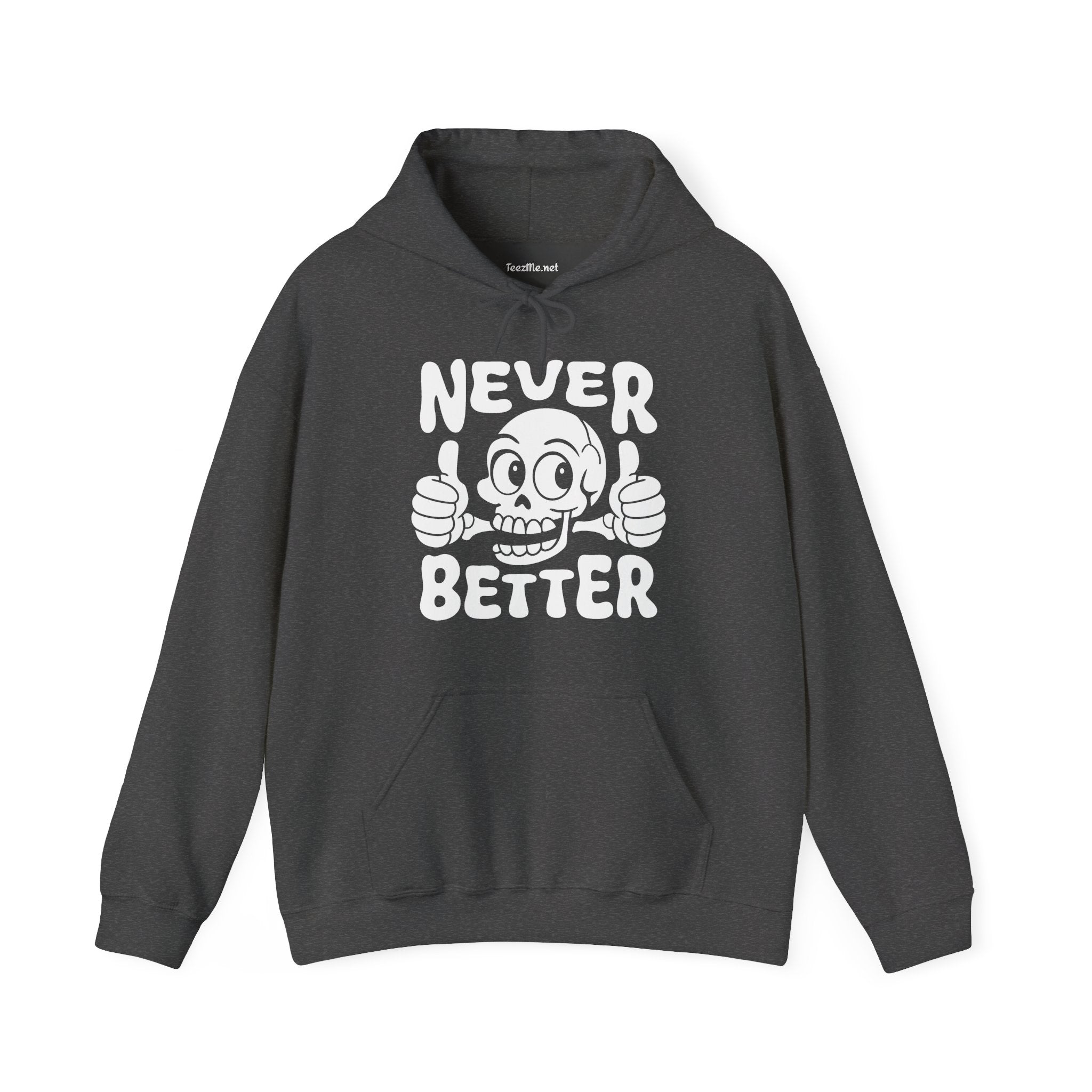 Never Better Skull Hoodie — Retro Thumbs-Up Graphic Pullover