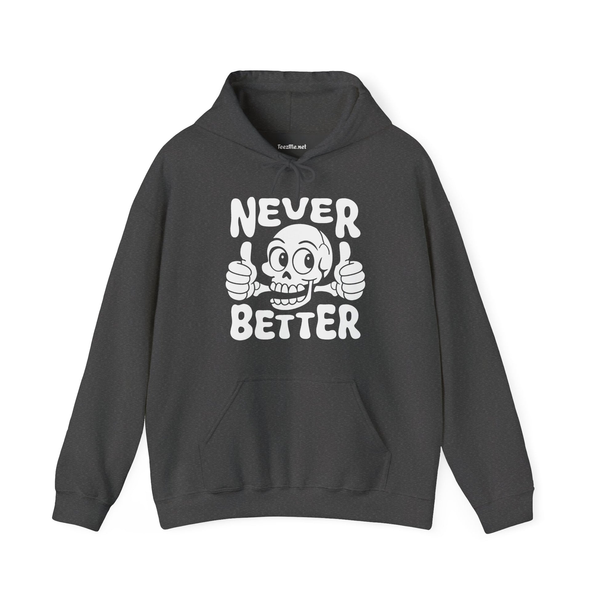 Never Better Skull Hoodie — Retro Thumbs-Up Graphic Pullover
