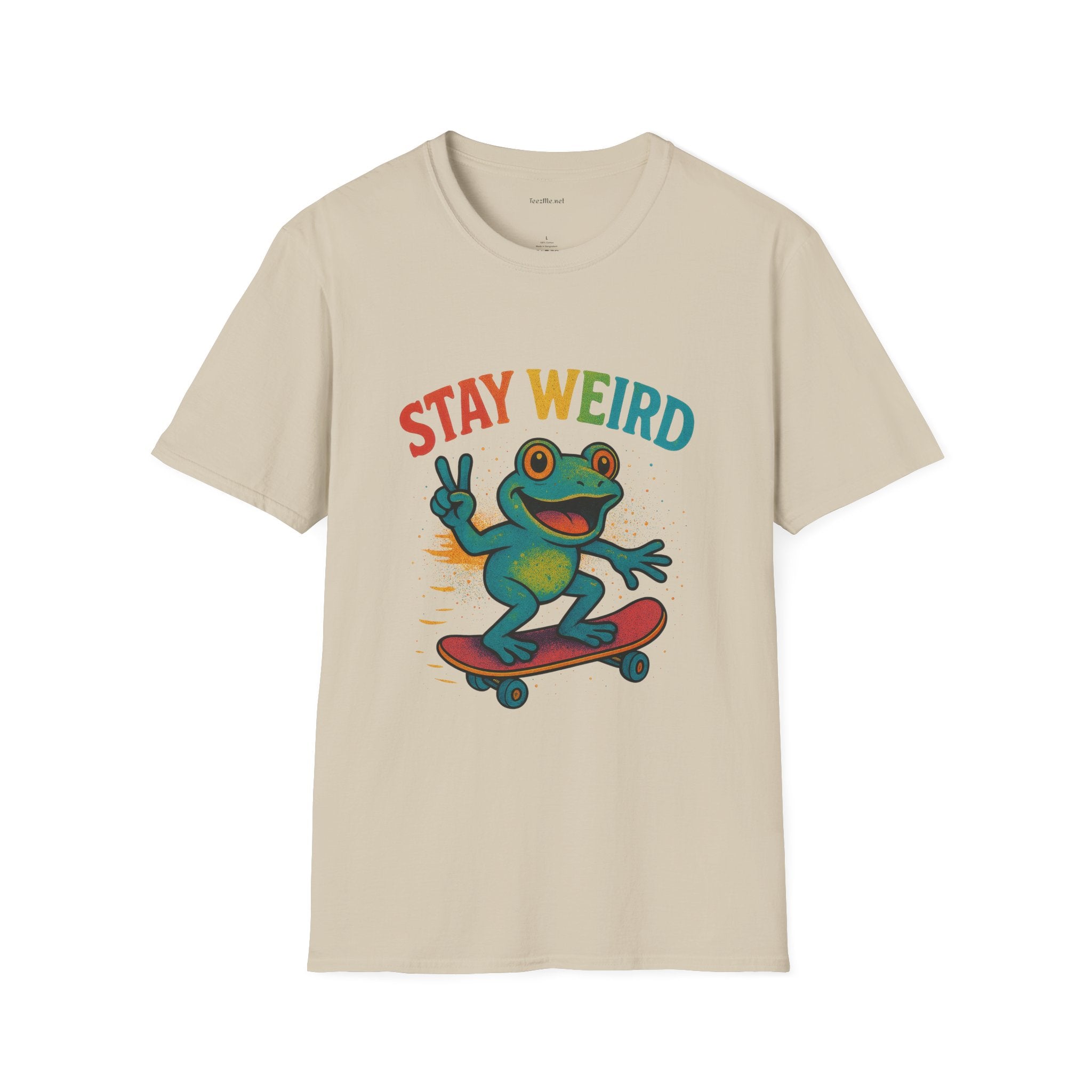 Stay Weird Frog T-Shirt — Retro Rainbow Skateboarding Frog Graphic Tee