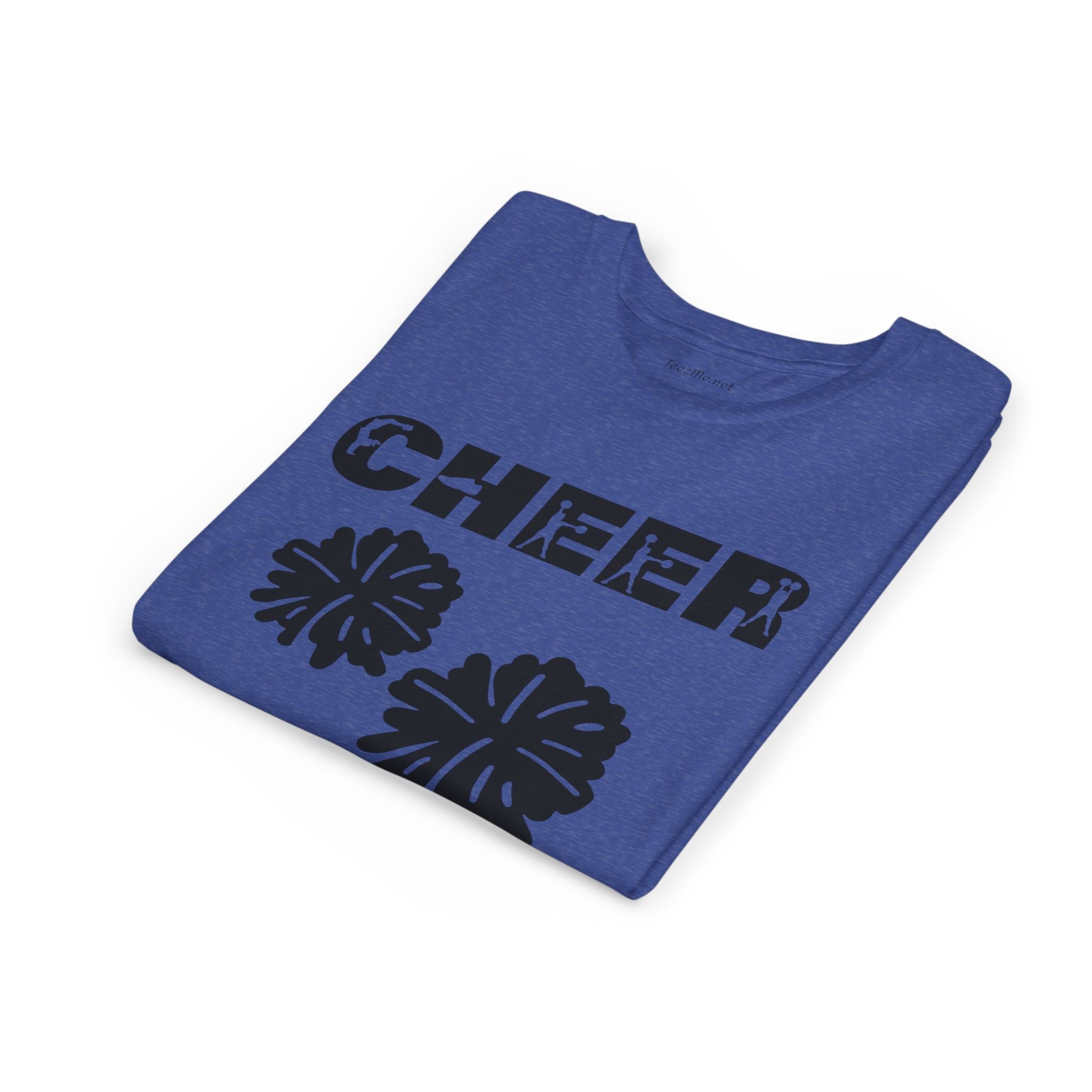 Youth Cheer T‑Shirt – 'CHEER' Graphic with Pom Poms | Kid Cheerleader Tee for Practice & Games