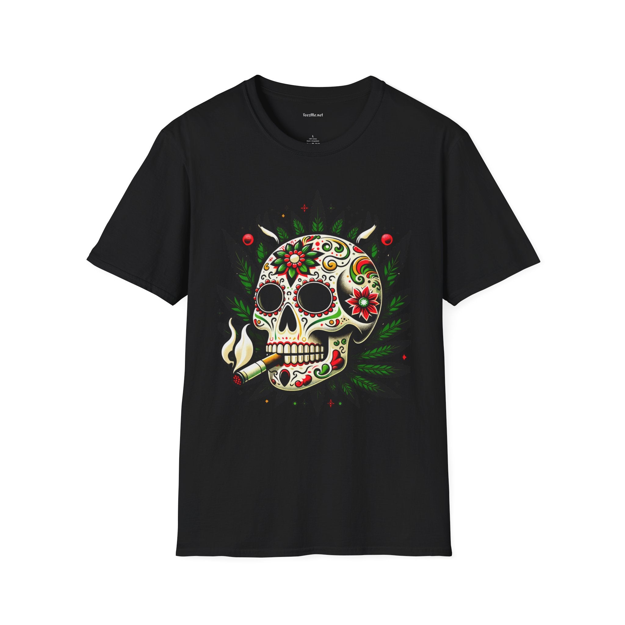 Sugar Skull Smoking Weed Unisex Softstyle T-Shirt 100% Cotton Graphic