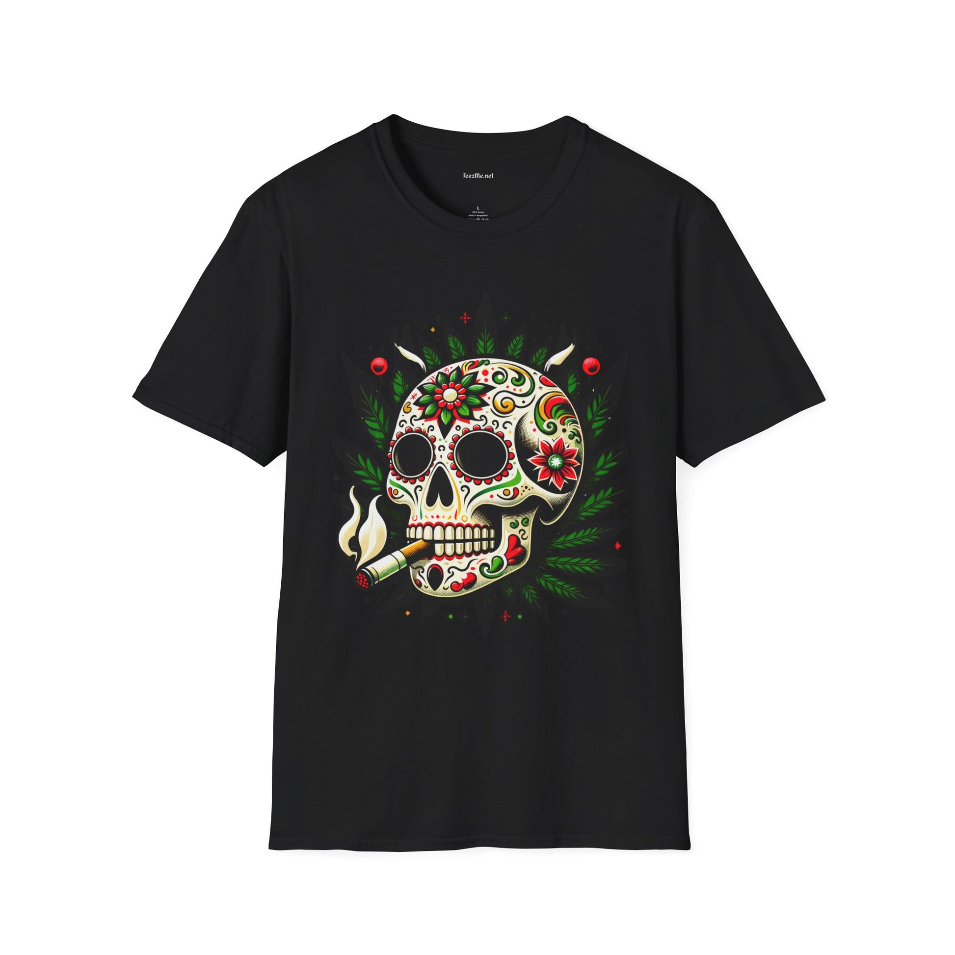 Sugar Skull Smoking Weed Unisex Softstyle T-Shirt 100% Cotton Graphic