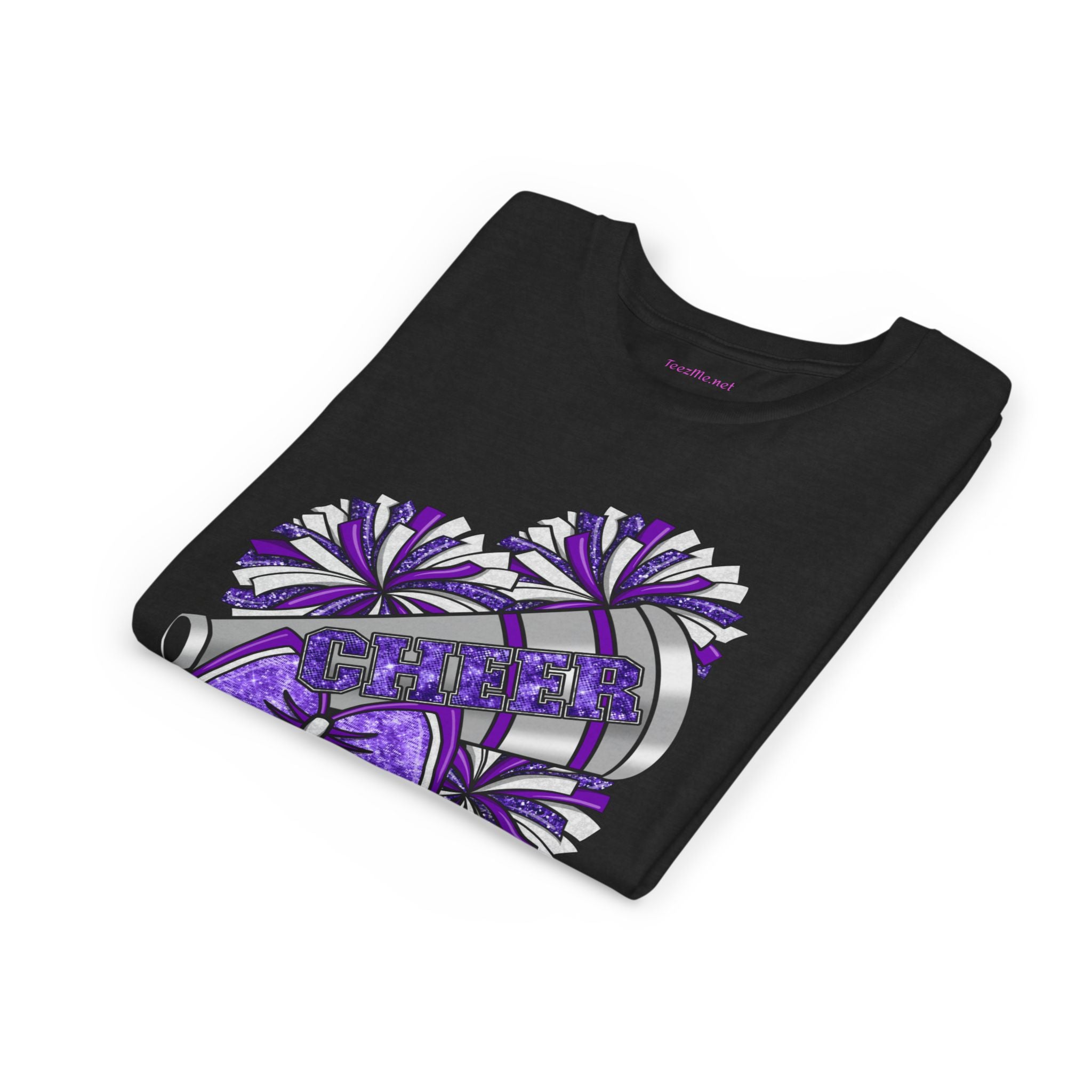 Youth Cheerleader Tee — Purple Pom-Pom & Megaphone Cheer Shirt