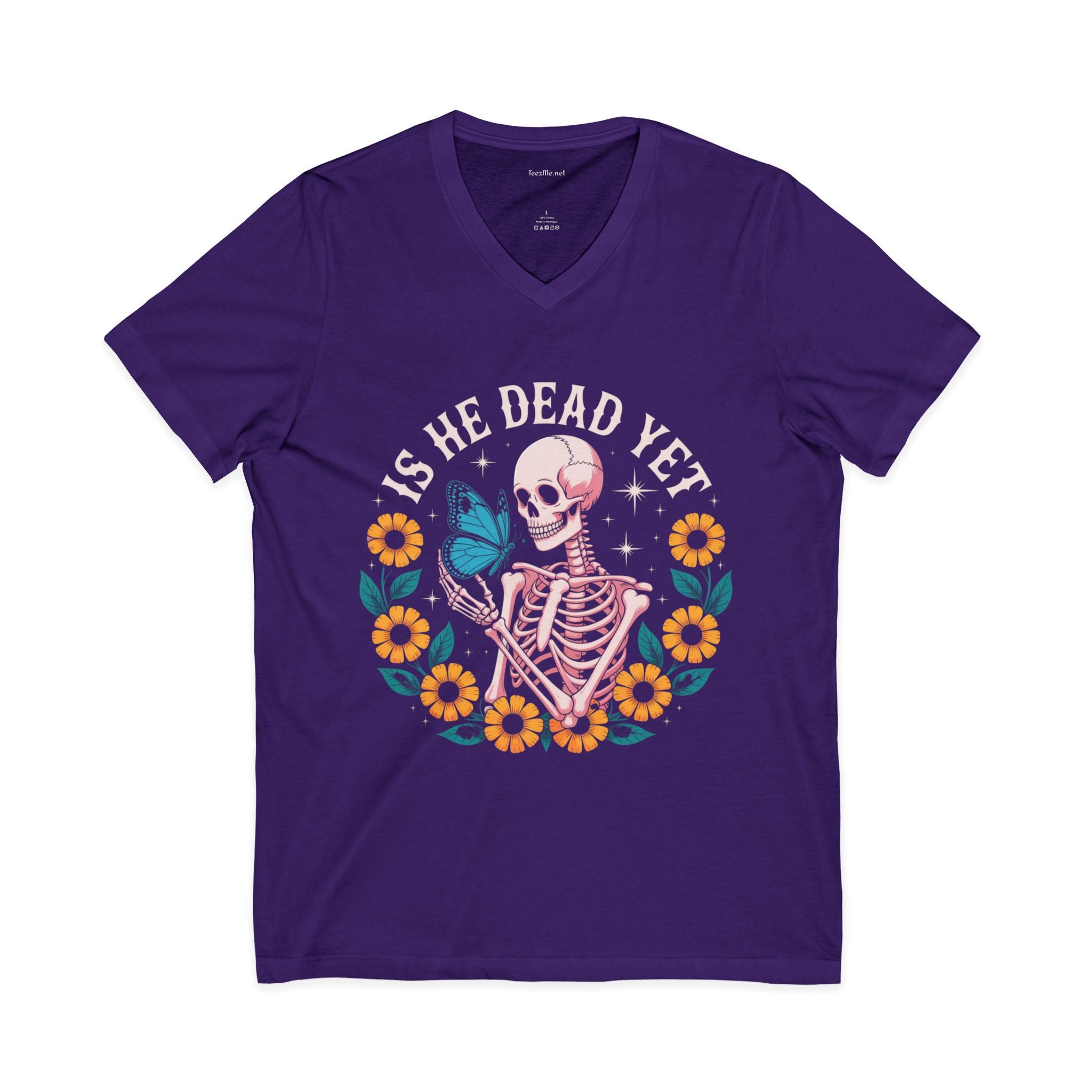 Is He Dead Yet? Skeleton Butterfly V-Neck Tee