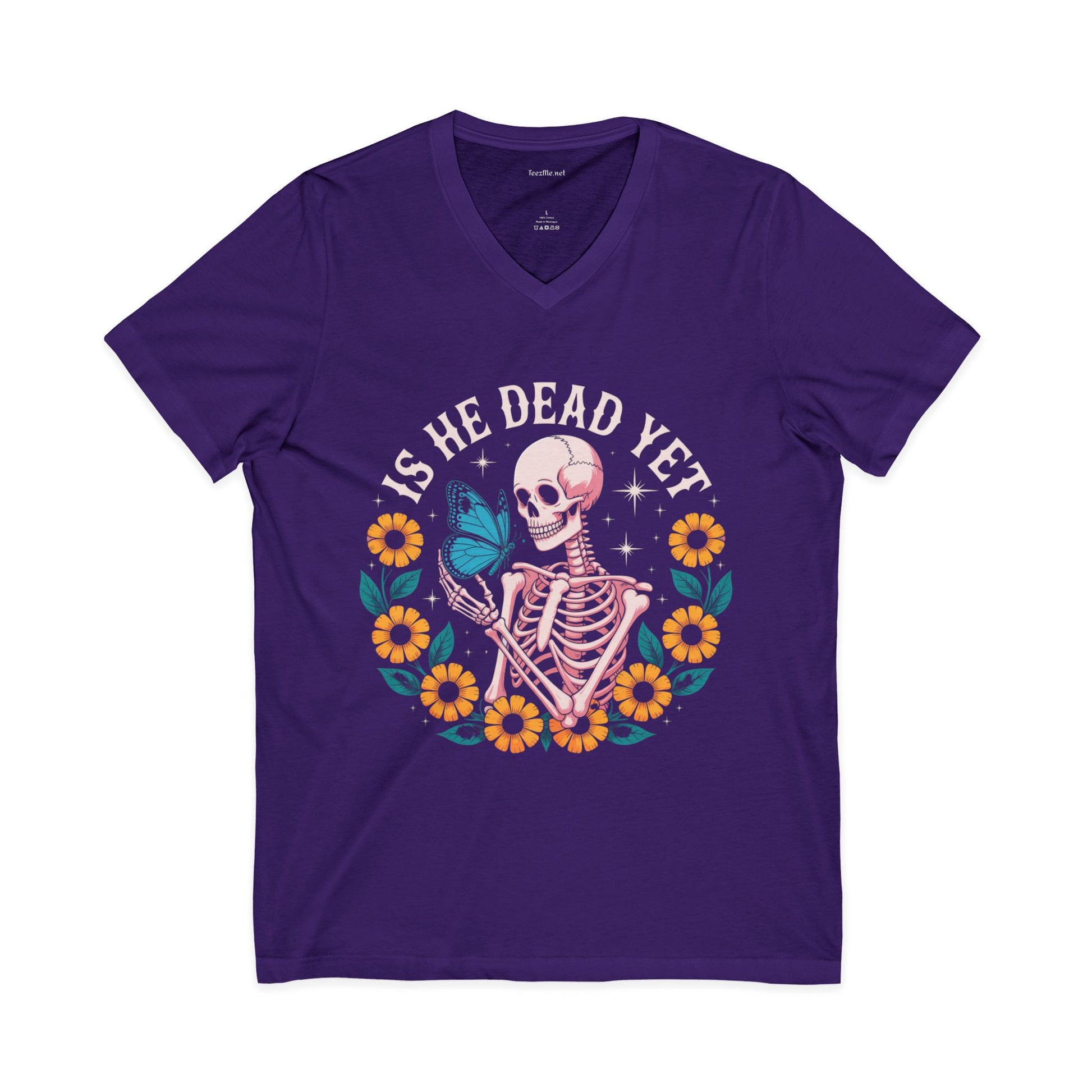 Is He Dead Yet? Skeleton Butterfly V-Neck Tee
