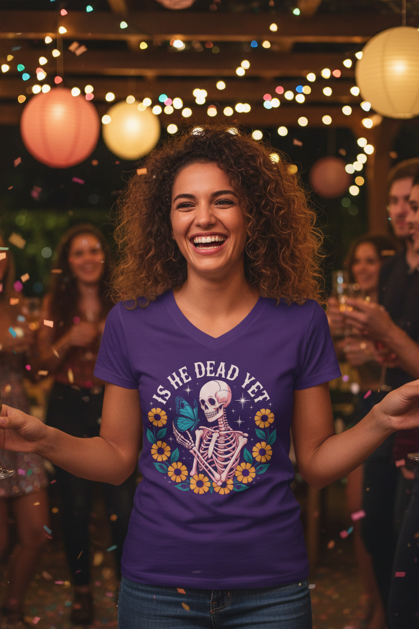 Is He Dead Yet? Skeleton Butterfly V-Neck Tee