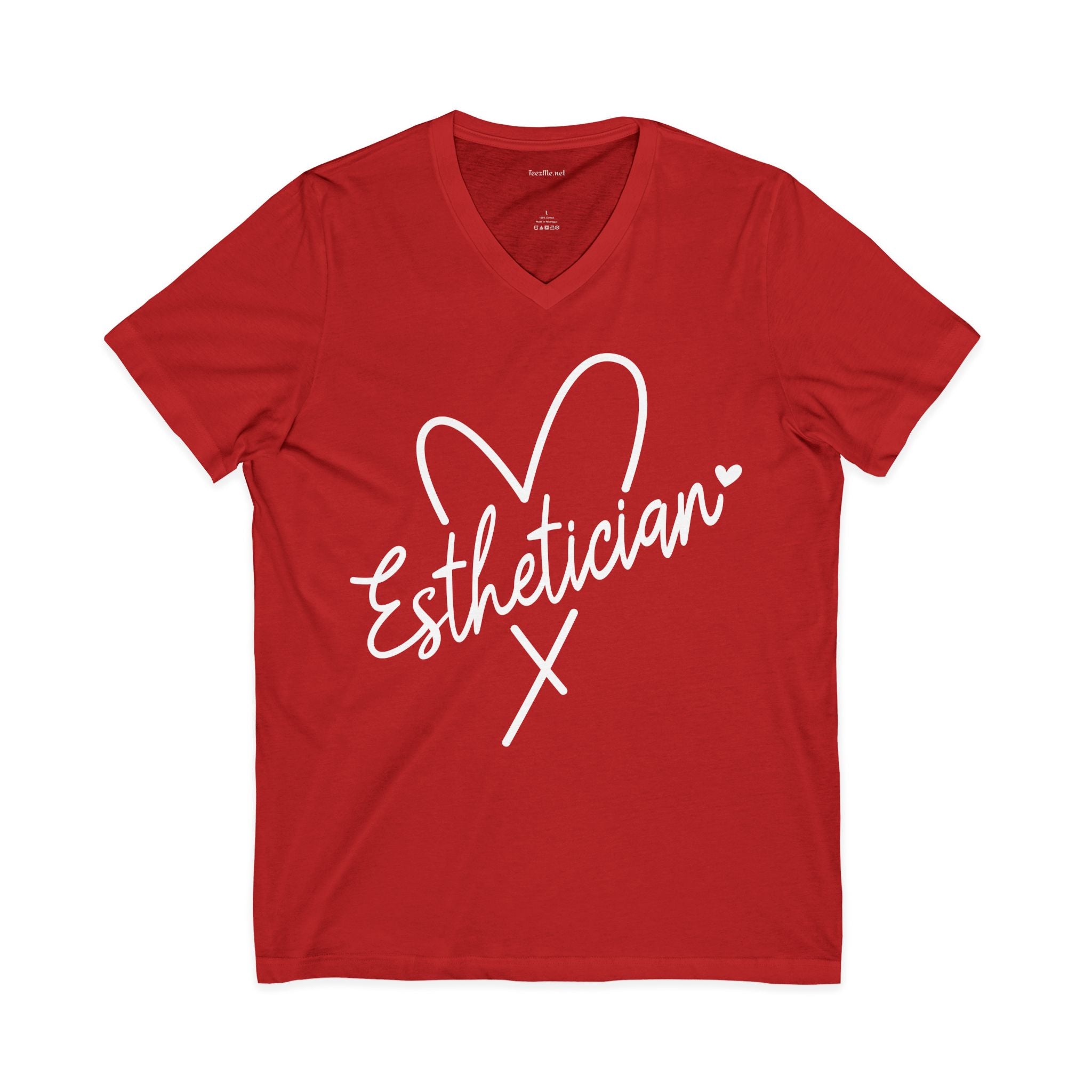 Esthetician with heart (white text) Unisex Jersey Short Sleeve V-Neck Tee