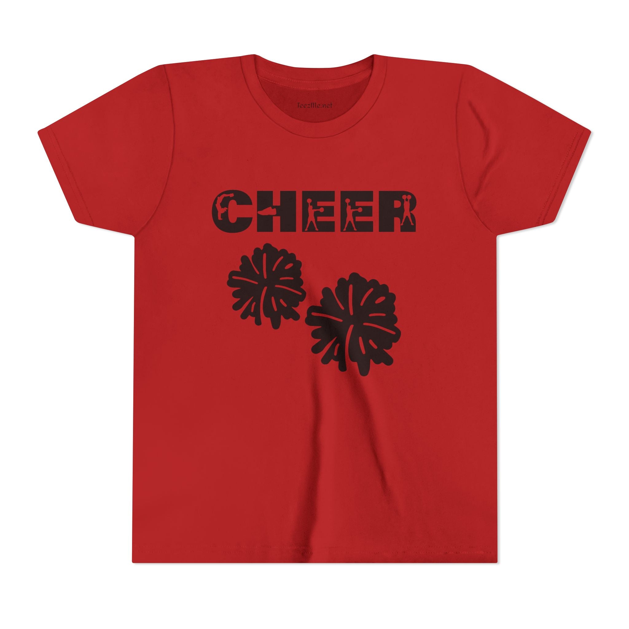 Youth Cheer T‑Shirt – 'CHEER' Graphic with Pom Poms | Kid Cheerleader Tee for Practice & Games