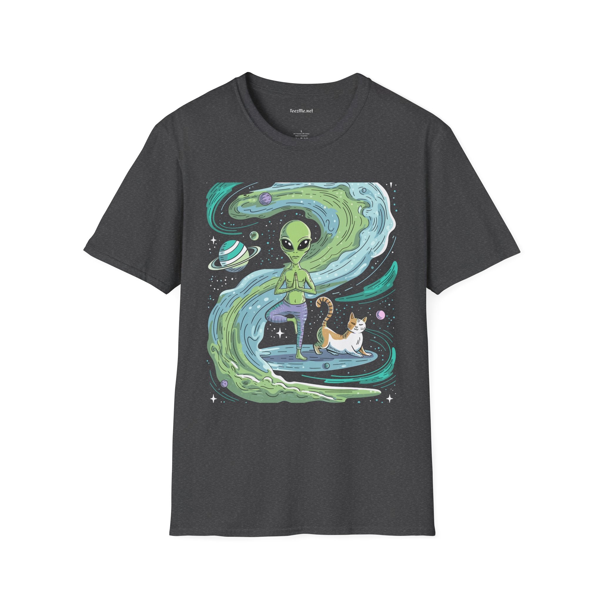 Yoga Alien with Cat Unisex Softstyle T-Shirt 100% Cotton Graphic