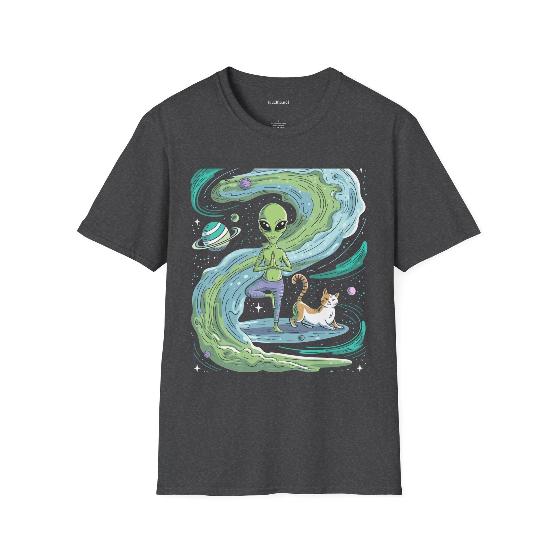 Yoga Alien with Cat Unisex Softstyle T-Shirt 100% Cotton Graphic