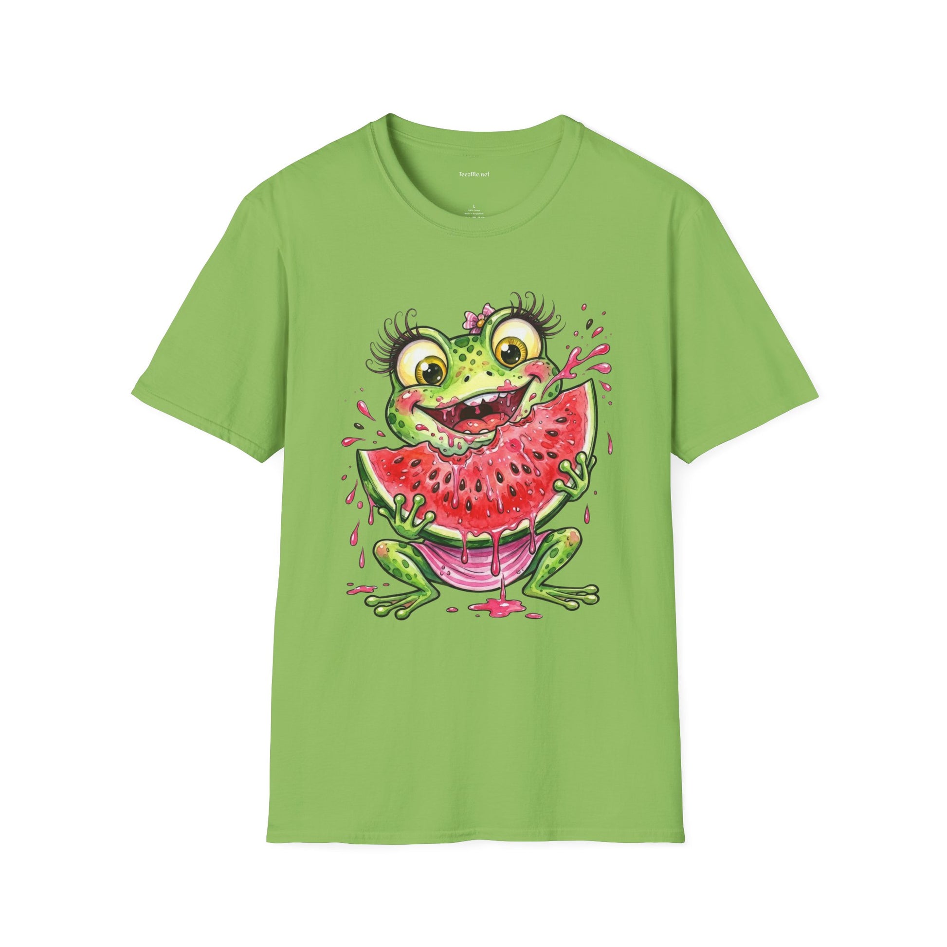 Kawaii Frog Eating Watermelon Unisex Softstyle T-Shirt 100% Cotton Graphic