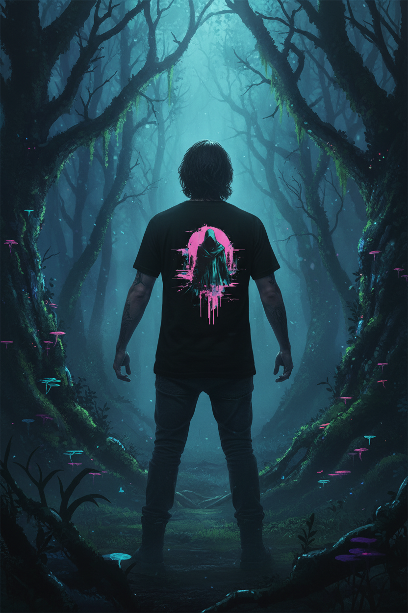 Reaper City Scape on back of Unisex Softstyle Graphic T-Shirt