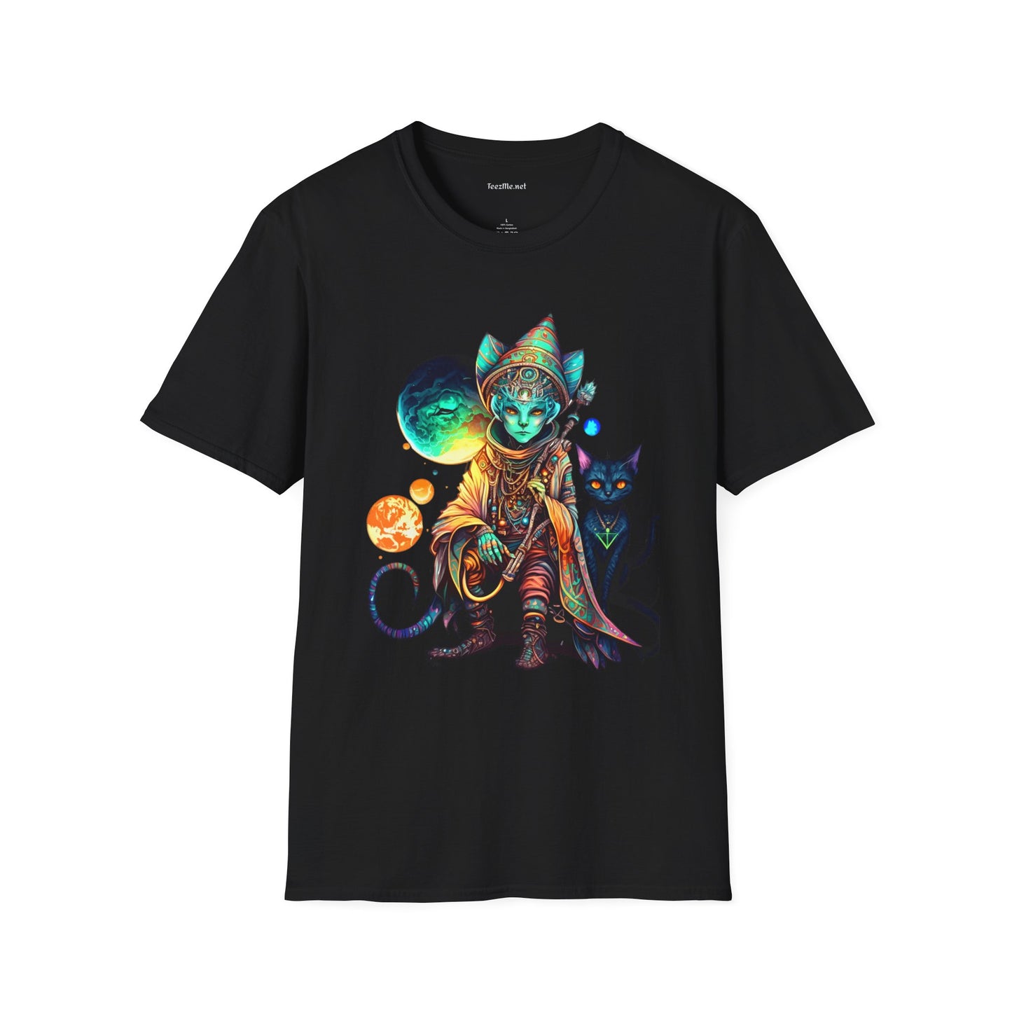 Alien Wizard with Cat Unisex Softstyle T-Shirt 100% Cotton Graphic