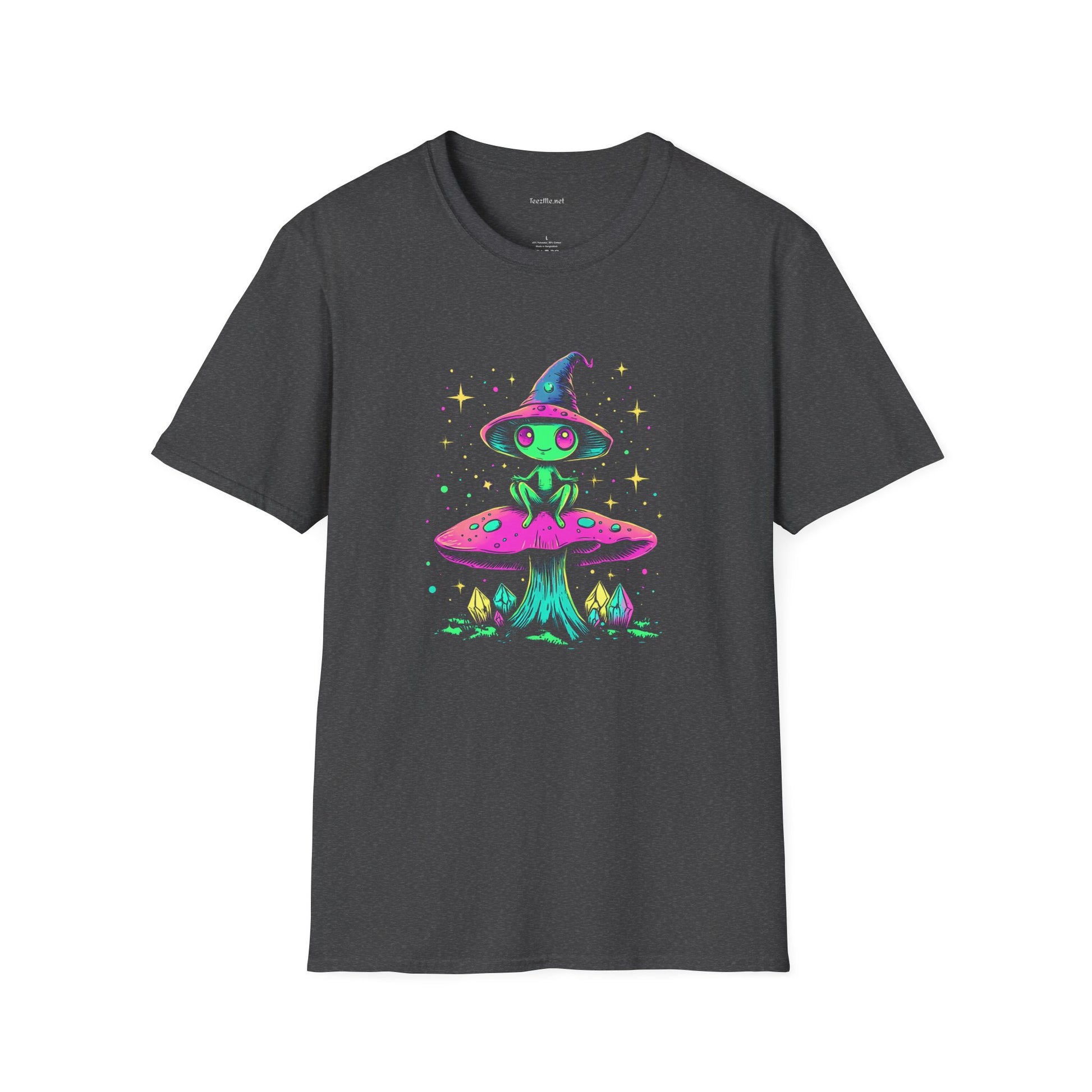 Alien sitting on mushroom - Unisex Softstyle T-Shirt 100% Cotton Graphic