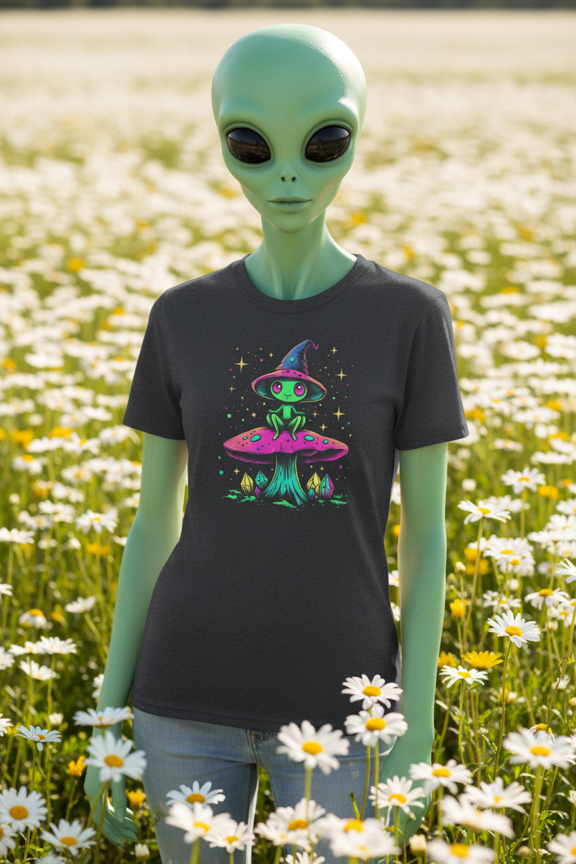 Alien sitting on mushroom - Unisex Softstyle T-Shirt 100% Cotton Graphic