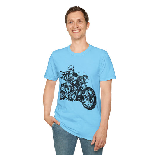 Skeleton Riding a Motorcycle Unisex Softstyle T-Shirt 100% Cotton Graphic