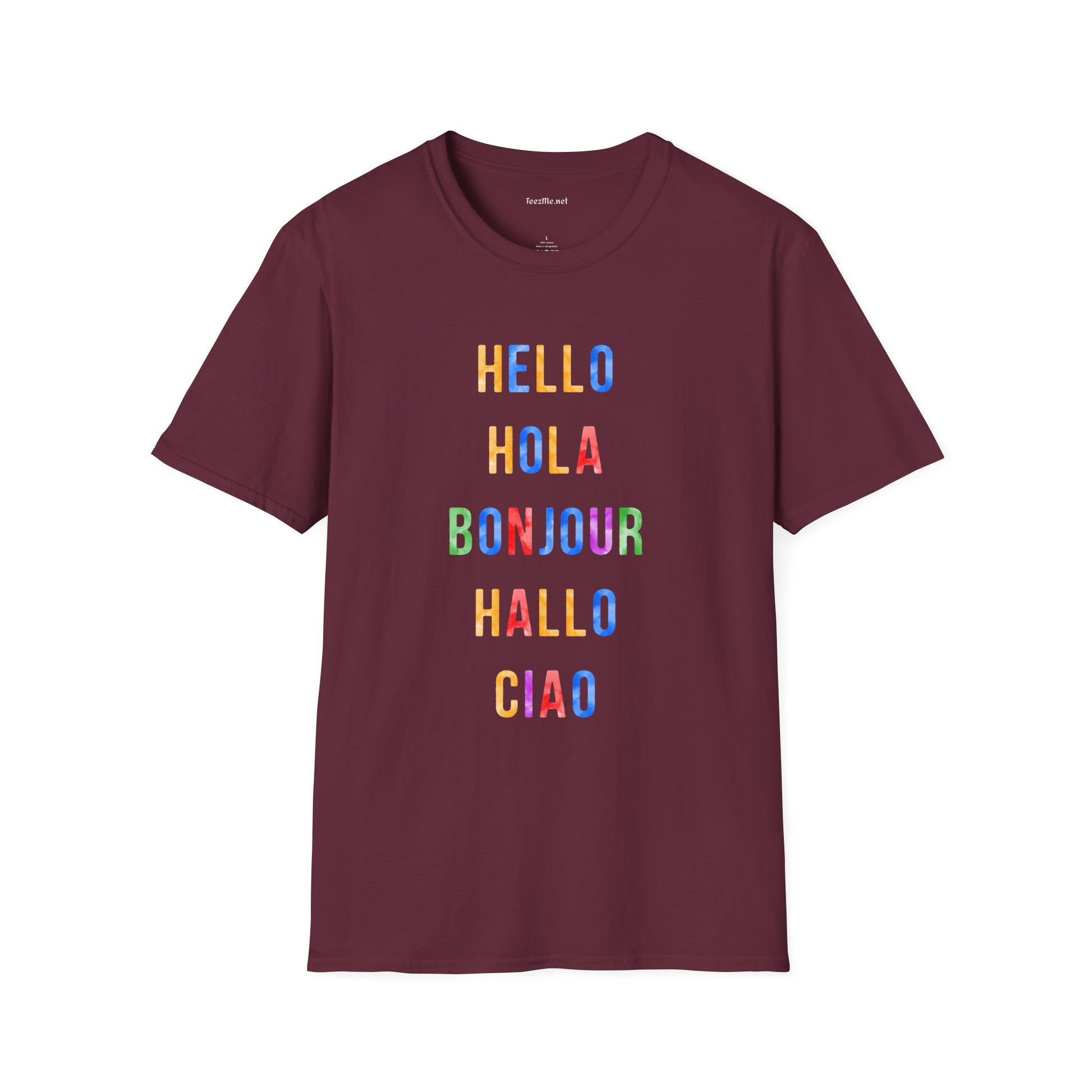 HELLO HOLA BONJOUR HALLO CIAO Unisex Softstyle T-Shirt 100% Cotton Graphic