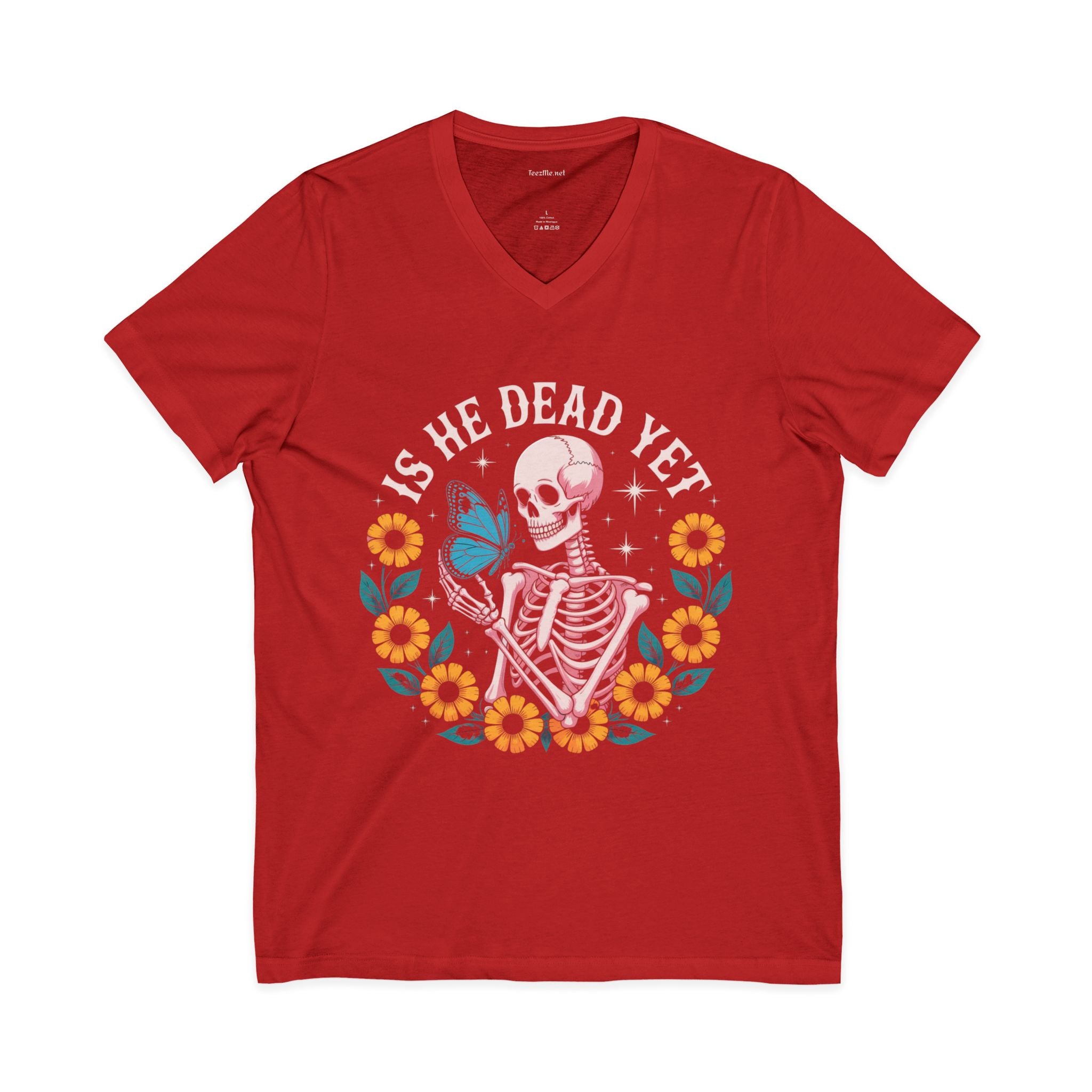 Is He Dead Yet? Skeleton Butterfly V-Neck Tee