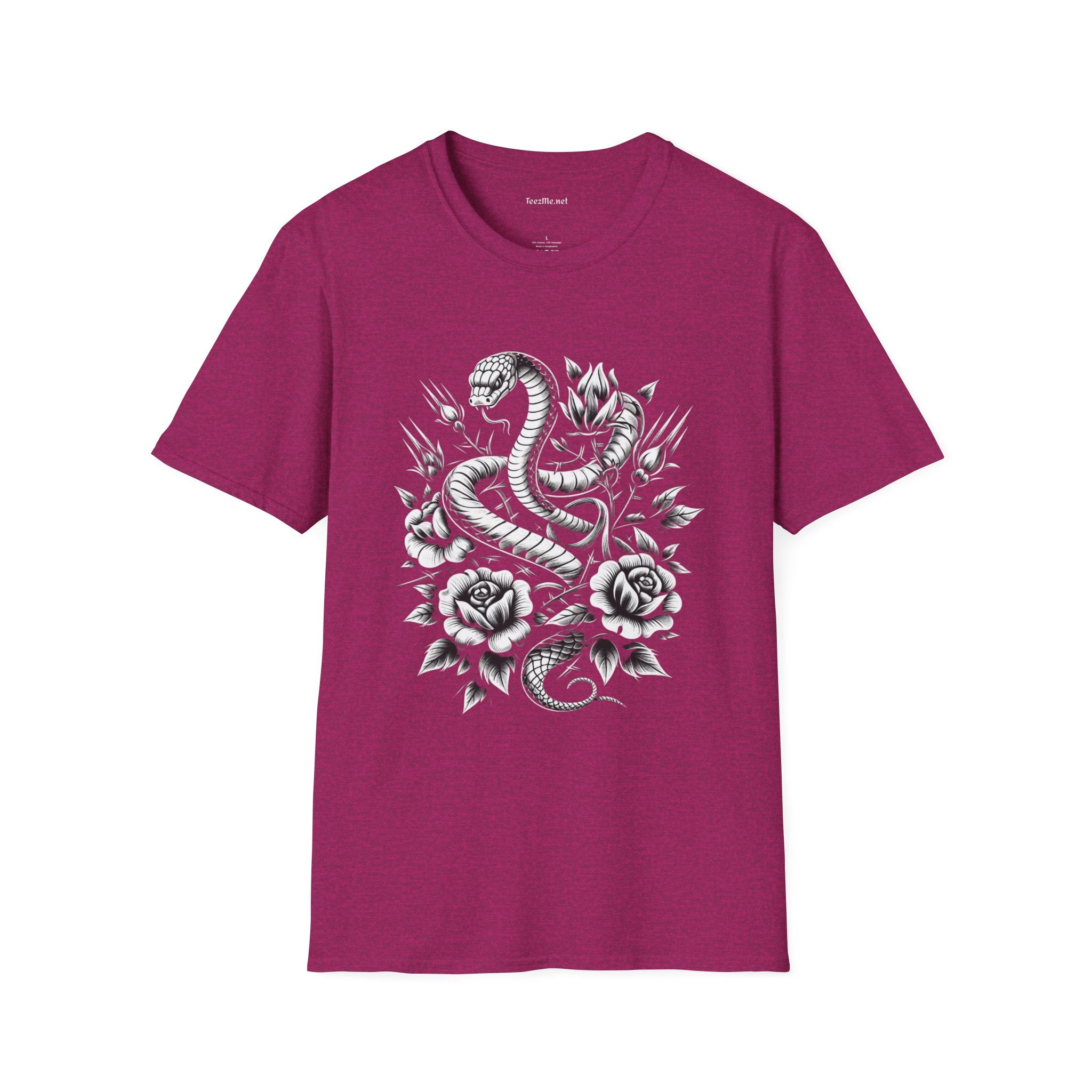 Snake with Flowers Unisex Softstyle T-Shirt 100% Cotton Graphic