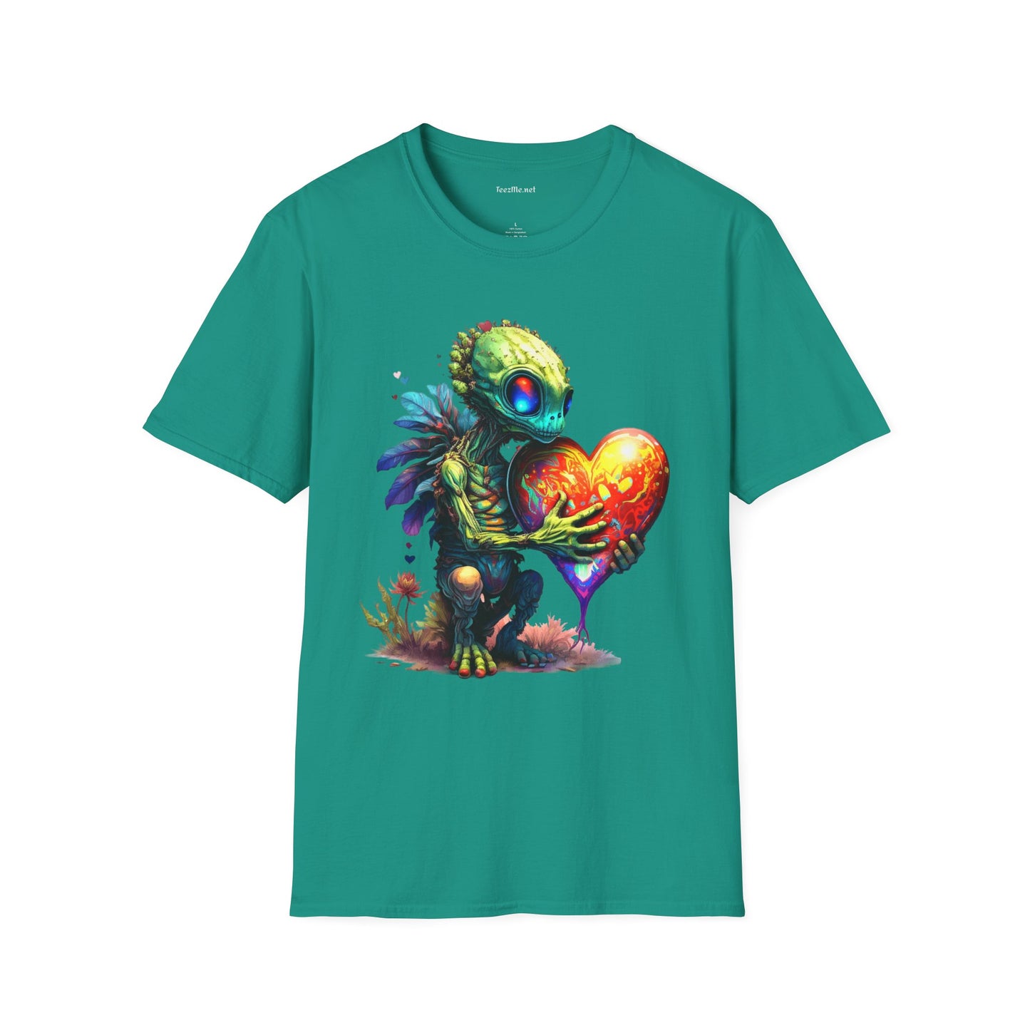 Alien Holding A Heart Unisex Softstyle T-Shirt 100% Cotton Graphic