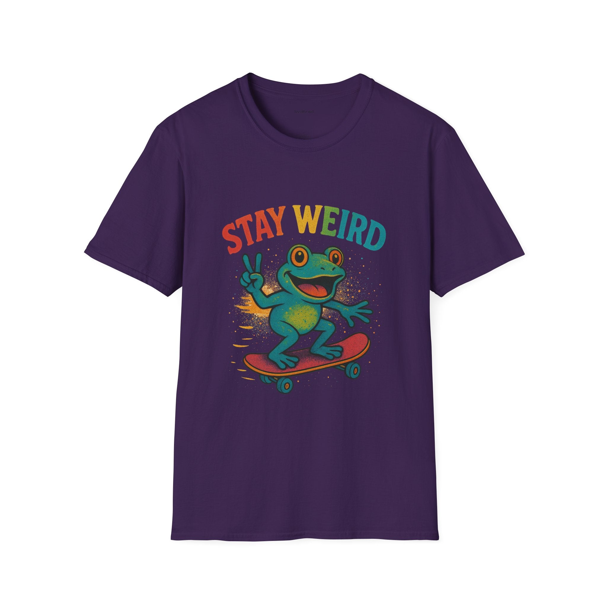 Stay Weird Frog T-Shirt — Retro Rainbow Skateboarding Frog Graphic Tee