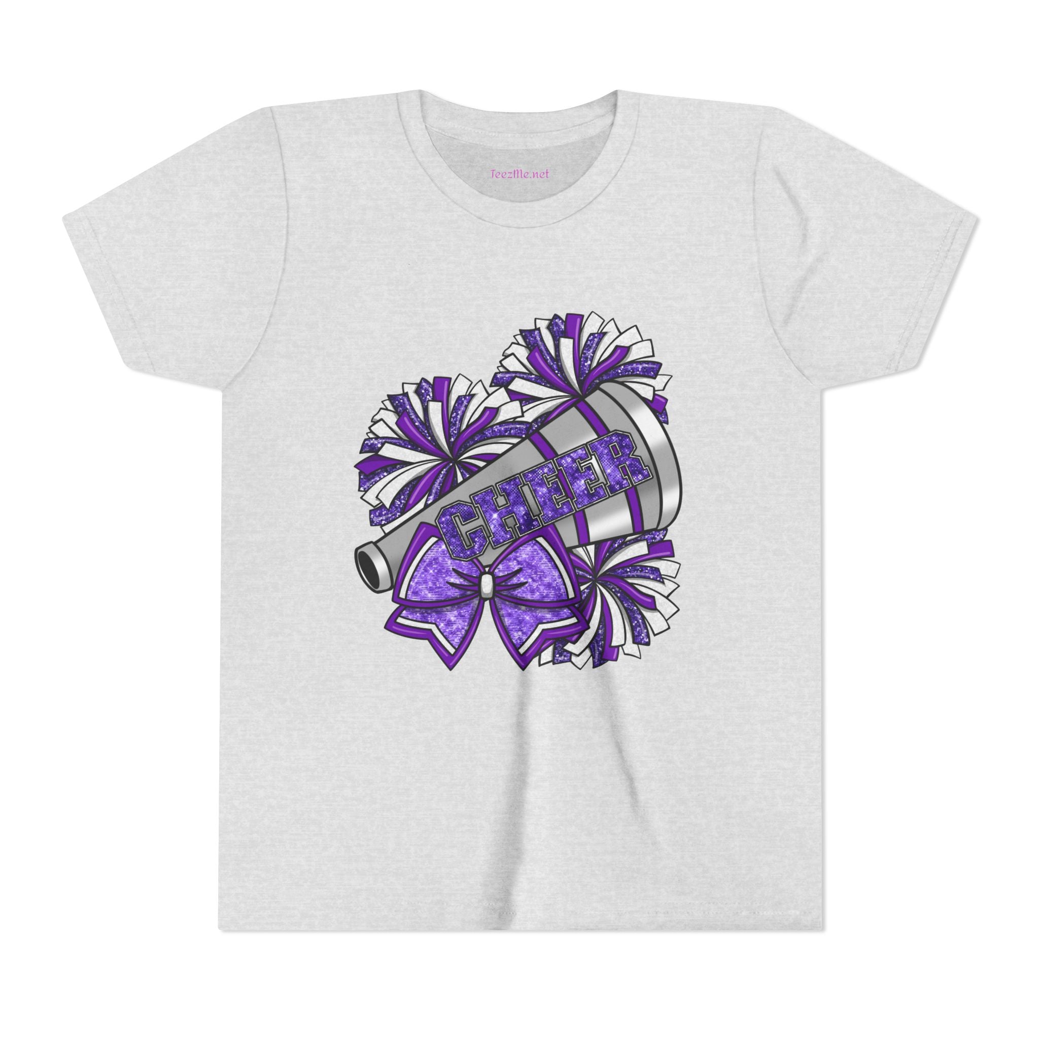 Youth Cheerleader Tee — Purple Pom-Pom & Megaphone Cheer Shirt