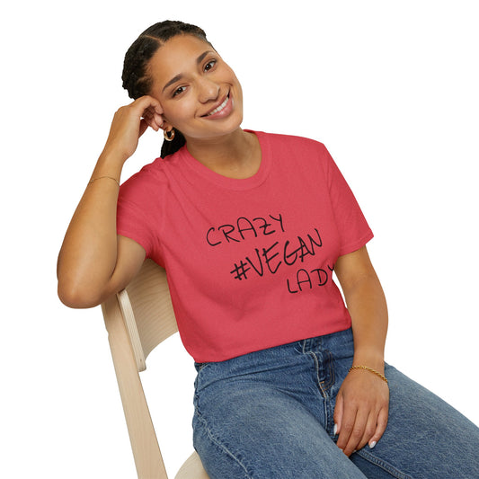 Crazy #Vegan Lady Unisex Softstyle T-Shirt 100% Cotton Graphic